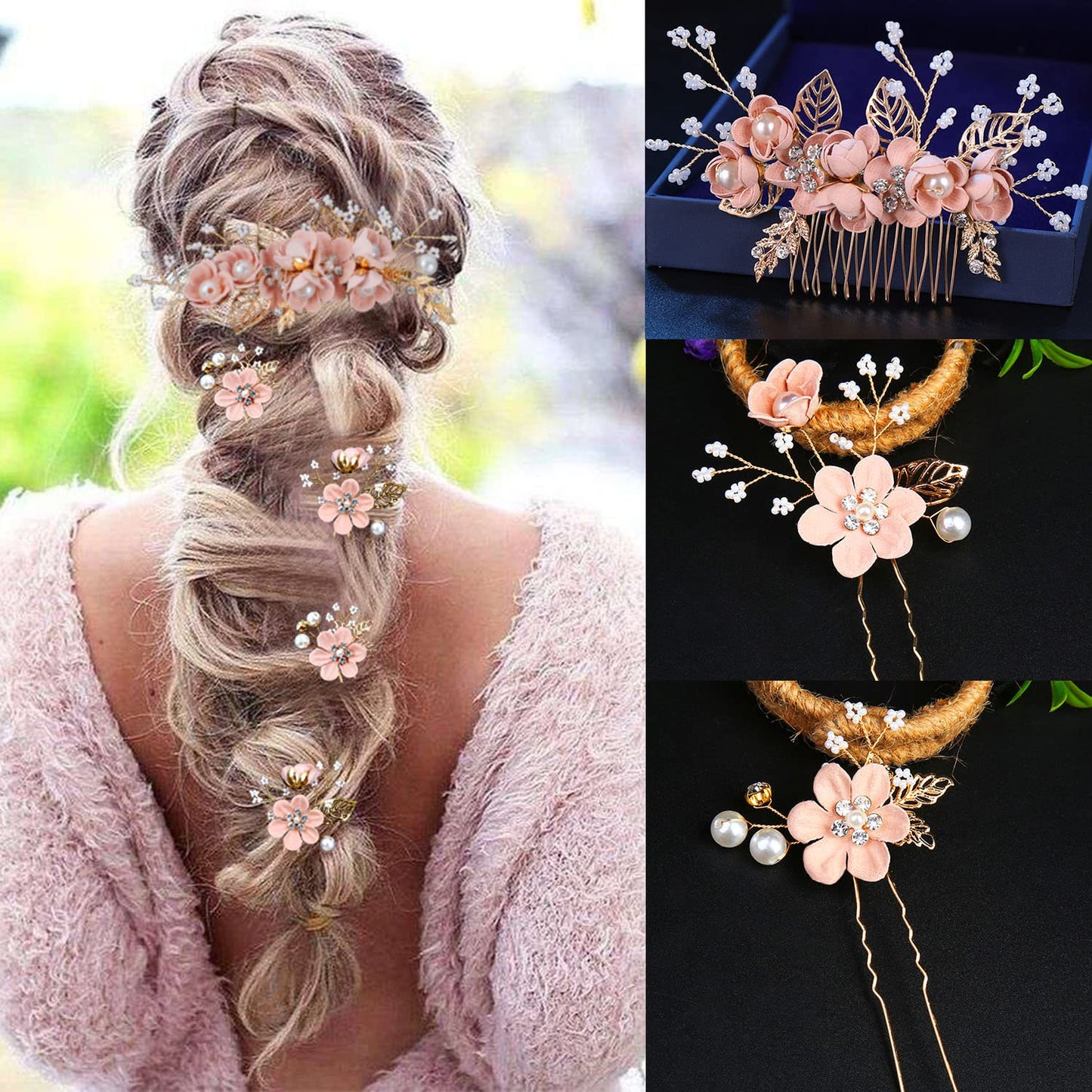 5 Pieces Bridal Flower Wedding Hair Pins Crystal Pearl Hair Combs Clips Headpiece Gold Wedding Hair Accessories Jewelry with Rhinestone for Brides Bridesmaids Women Girls Updo (Cherry Blossoms Pink)