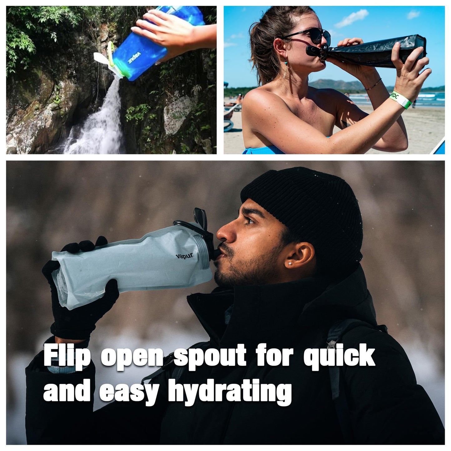 Vapur Element Flexible Water Bottle - with Carabiner, 1 Liter (33 oz) - Grey & Teal