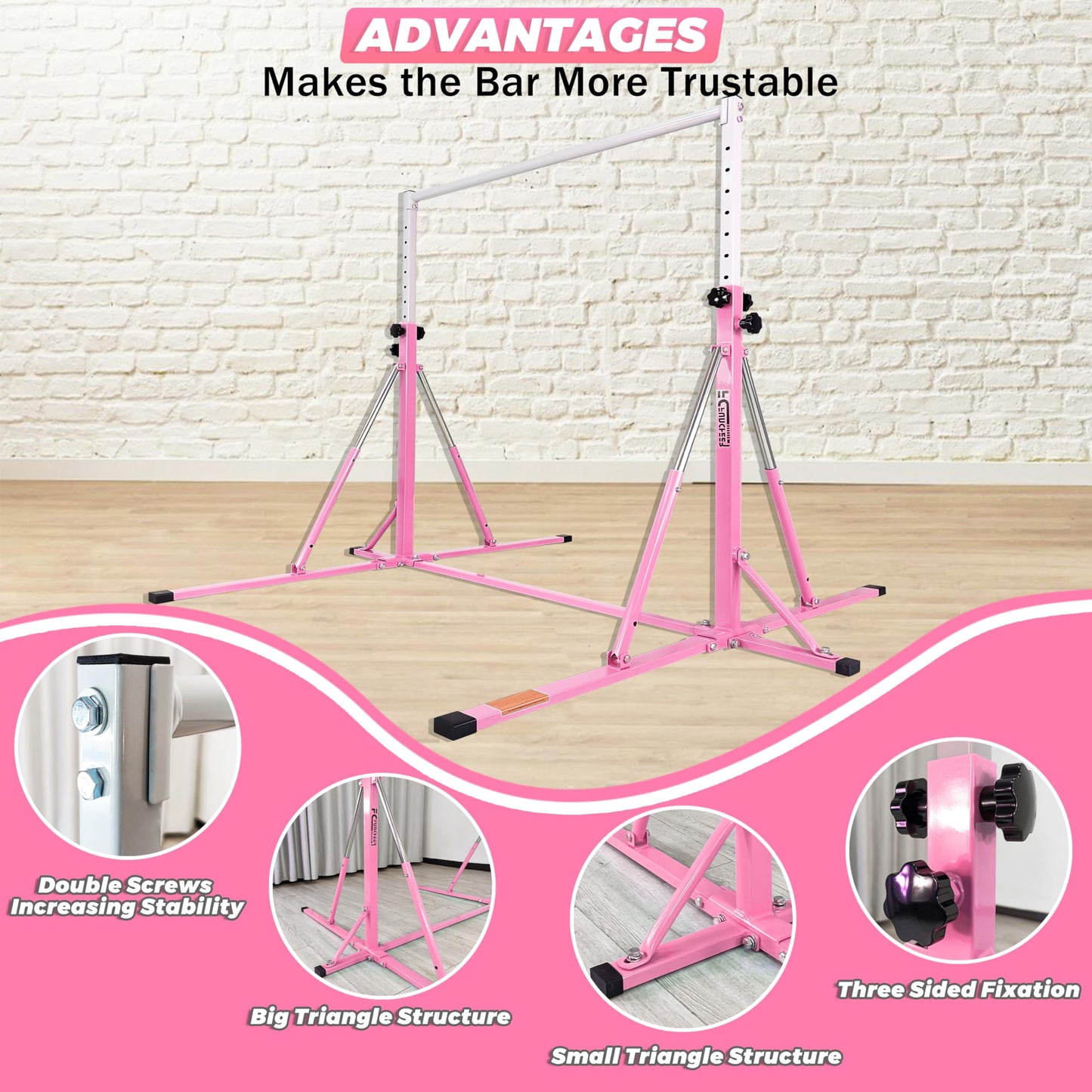 FC FUNCHEER Foldable Gymnastics Bar,5FT Horizontal bar,Adjustable Kids Training bar for Kids Ages 3-15,Kids Gymnastics bar,Triangle Stable Structure-Gym Equipment for Home