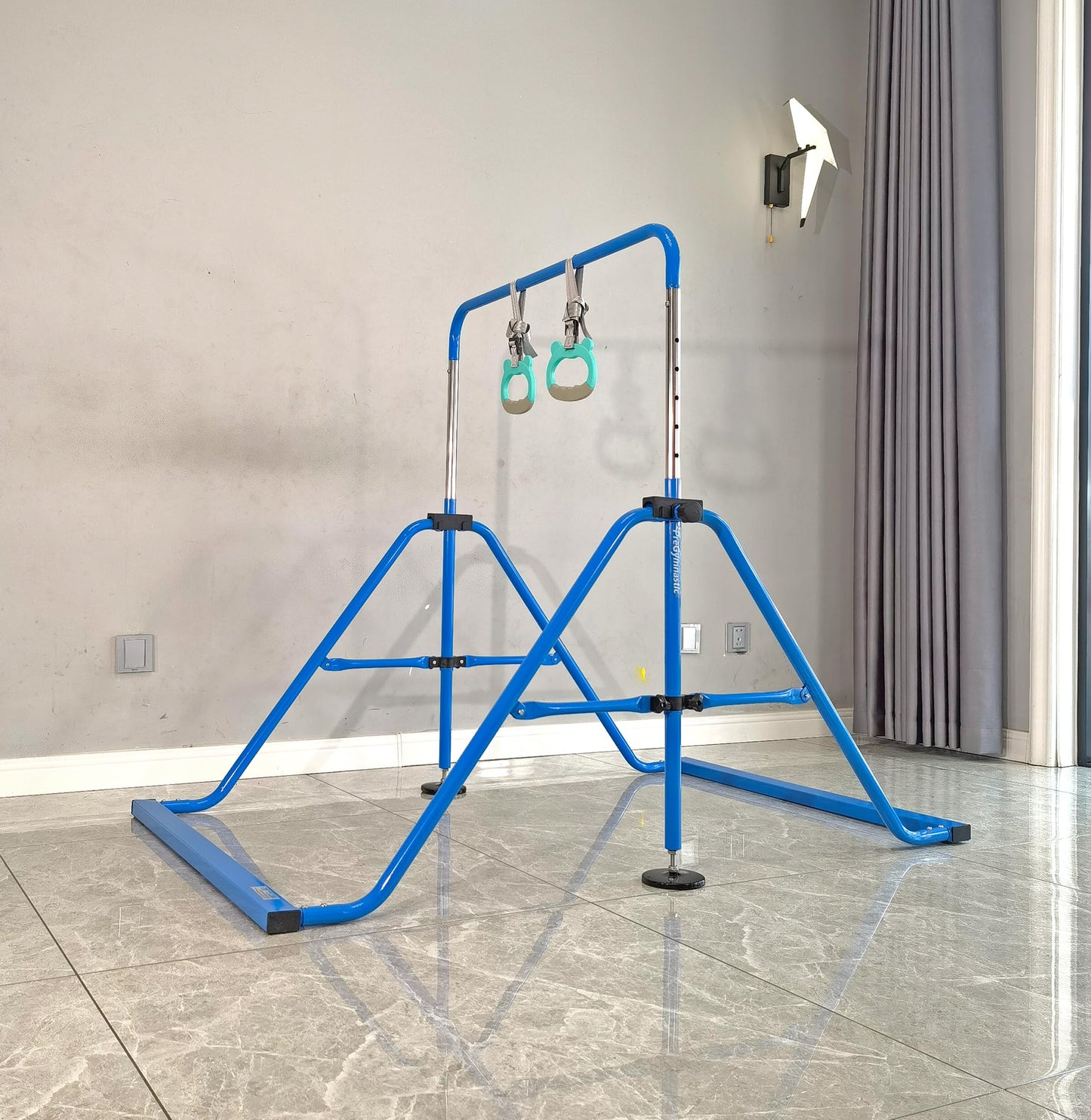 PreGymnastic Updated Folding Gymnastics Bar with Rings, Foldable Kip Bar with Sturdier Base, Gymnasitc Training Bar for Kids Ages 3-10, Gymnastic Horizontal Bars, Home Gym Equipment for Boys Girls