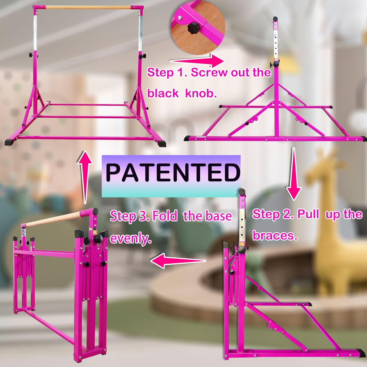 PreGymnastic Foldable Gymnastics Bar, 6FT Gymnastic Horizontal Bars, Folding Training Bar for Kids and Teenagers 3-18, Weight Limit 500 LB, Adjustable kip Bar,Children Home Gym Equipment Indoor