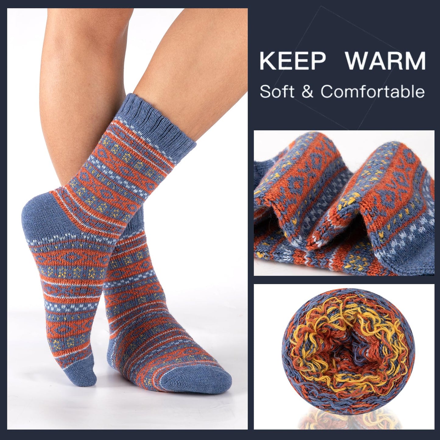 COOPLUS Warm Wool Socks Mens Winter Thermal Thick Crew Cold Weather Pattern Socks (5 Pairs)