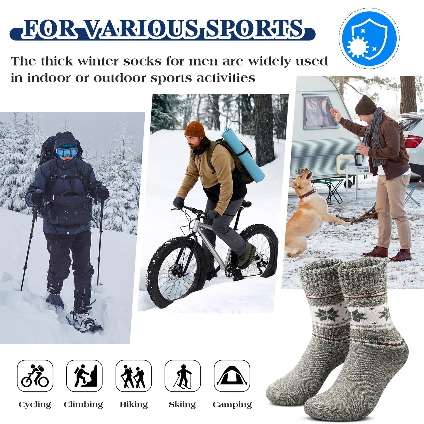 Yeblues Winter Warm Thick Wool Socks for men, Thermal Wool Hiking Socks, Breathable Cozy Crew Socks for Men Cold Weather 5 Pairs(size 12-17)
