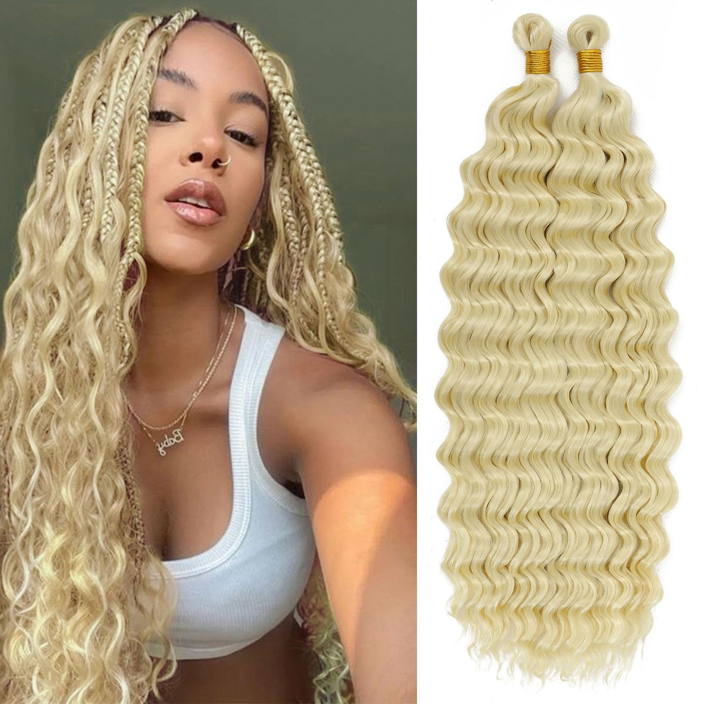 Eerya Long Curly Braiding Hair 18 Inch 2 Packs Blonde Ocean Wave Crochet Hair for Black Women Deep Wave Braiding Hair for Boho Braids (18 inch, #613)