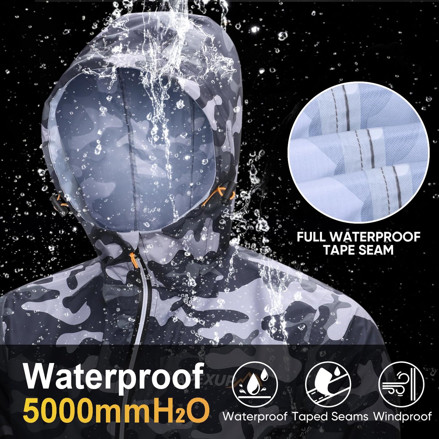 APEXUP Packable Rain Jacket Men with Reflective Zipper, Lightweight Waterproof Jacket Windbreaker Hooded Raincoat, Mens Rain Jackets for Outdoor, Running, Hiking, Travel, Cycling (Camo, 2XL)