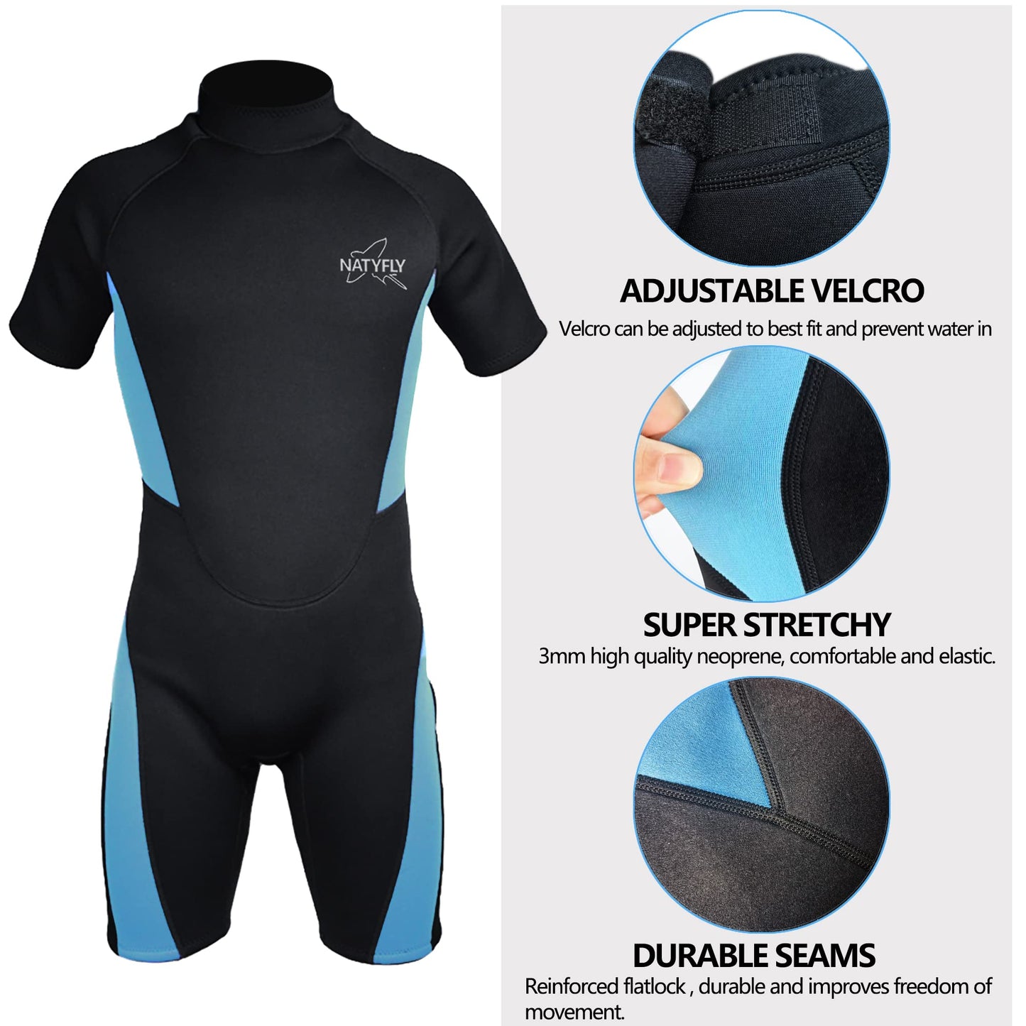 NATYFLY Mens Wetsuit 3mm Neoprene Wet Suit Men, Youth Full Body Shorty Wetsuit for Men in Cold Water, Long Sleeve Back Zip Diving Suits for Water Sports