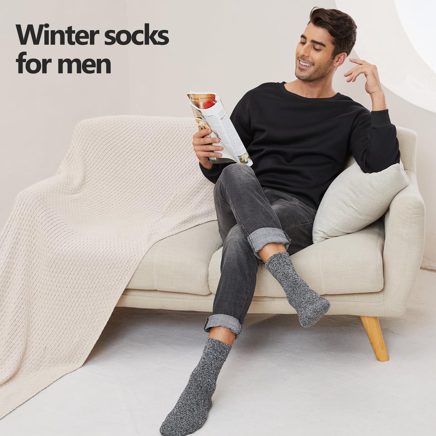 FRESBEIT Merino Wool Socks Men Winter Soft Thick Warm Socks for Men Cozy Crew Hiking Thermal Socks Size 7-13(5 Pairs)