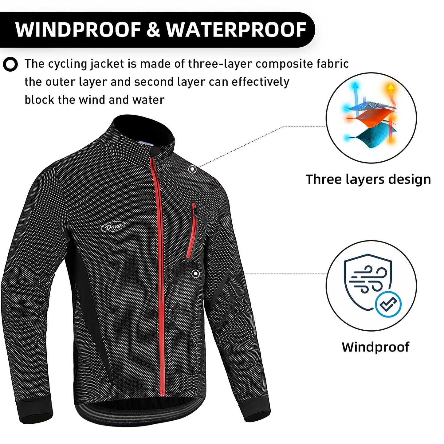 Lipport Mens Cycling Bike Jacket Winter Thermal Running Mountain Biking Jacket Windproof Breathable Reflective Softshell Coat (Black, 3XL)