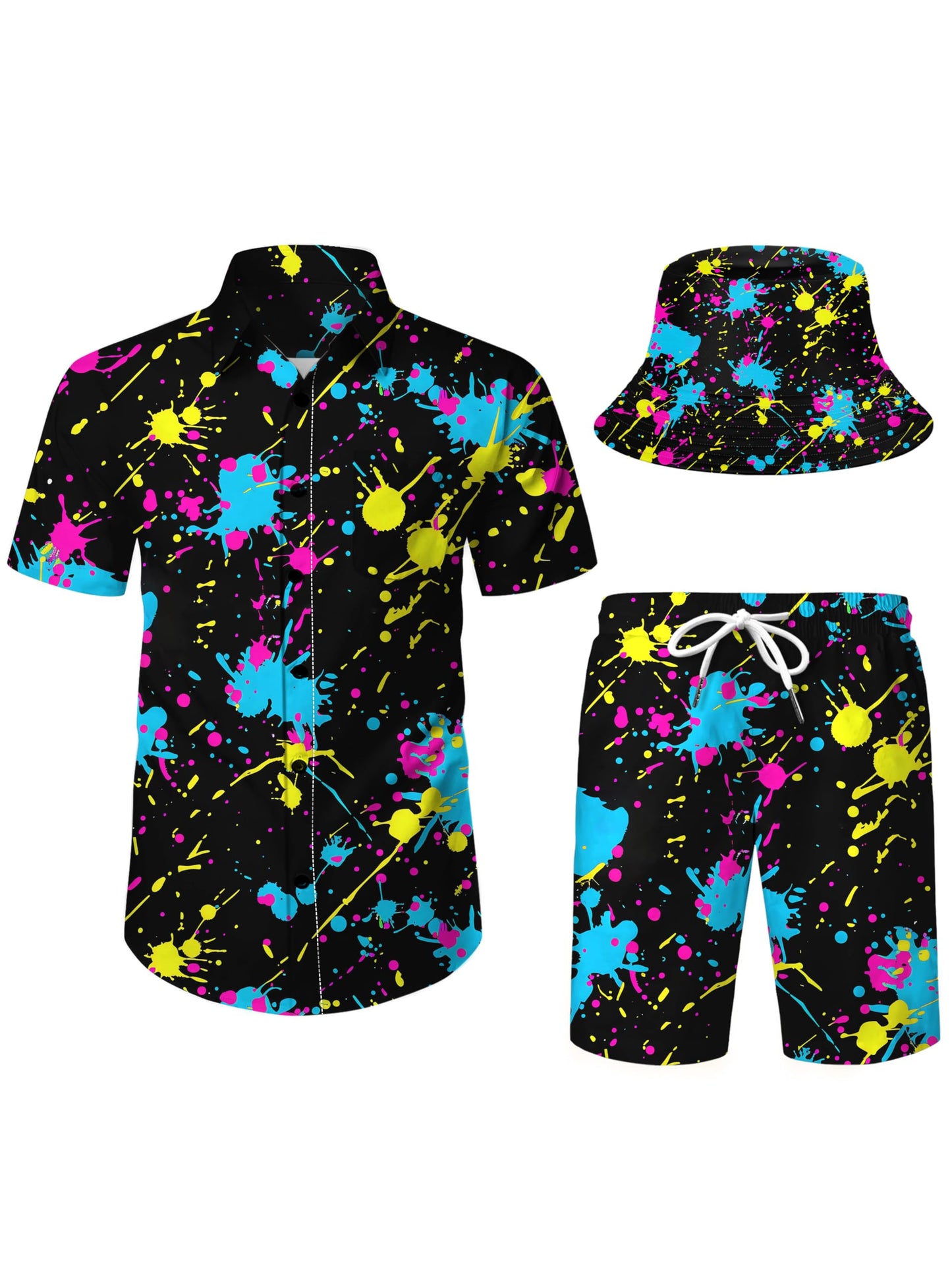 6 Neon Shirts For Men,80s outfit for men,rave outfits for men,festival outfits for men,rave outfits for men,Neon Party Outfits,Funny Hawaiian Shirts For Men Beach Outfits Sets With Bucket Hat 6-XL