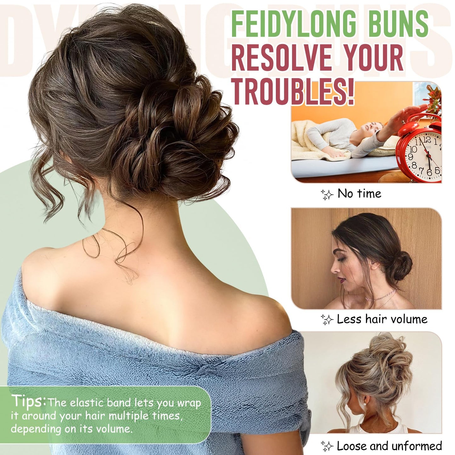 FeidyLong 2 PCS Messy Bun Hair Piece Wavy Curly Scrunchies Synthetic Chignon Ponytail Hair Extensions Thick Updo Hairpieces for Women Girls(Brown Mix Bleach Blonde)