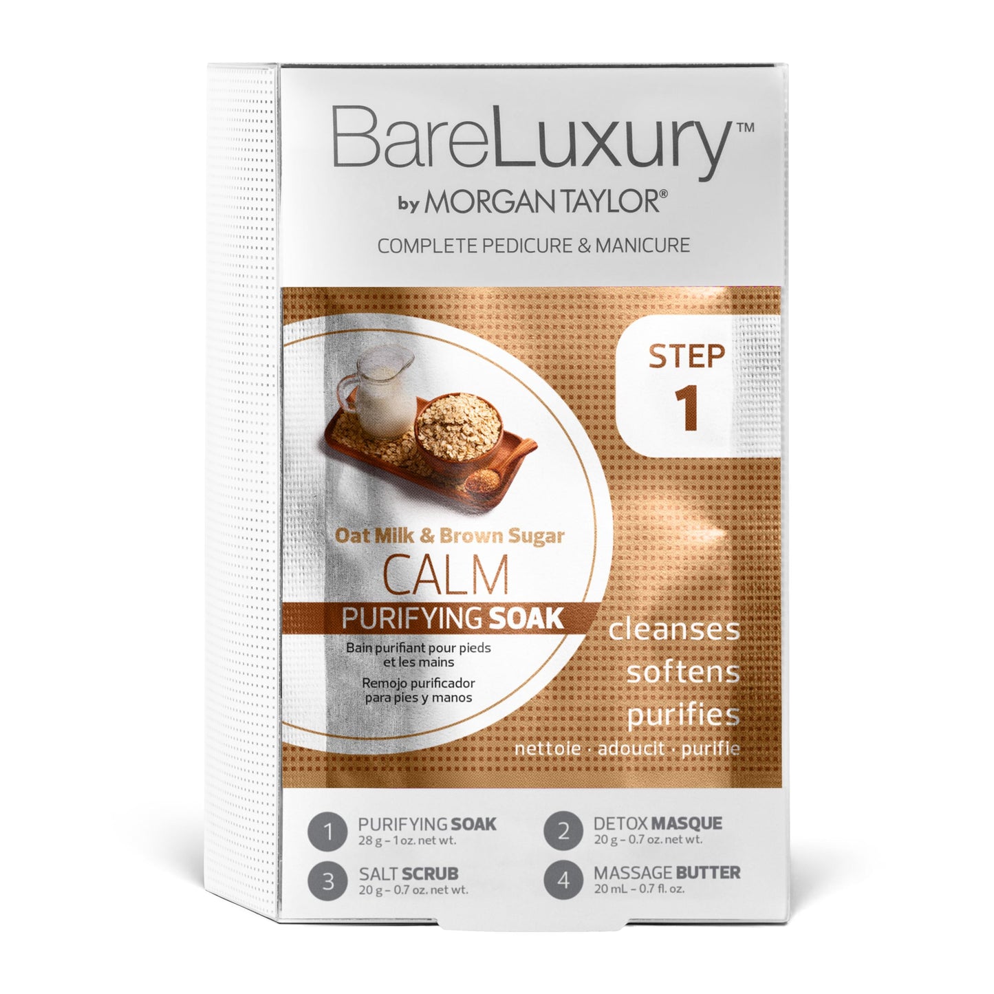 Morgan Taylor BareLuxury 4-Step Complete Pedicure & Manicure Packs (Calm Oat Milk & Brown Sugar) - Complete Nail Care with Soak, Masque, Scrub & Massage Butter, Professional Spa-Quality Treatments.