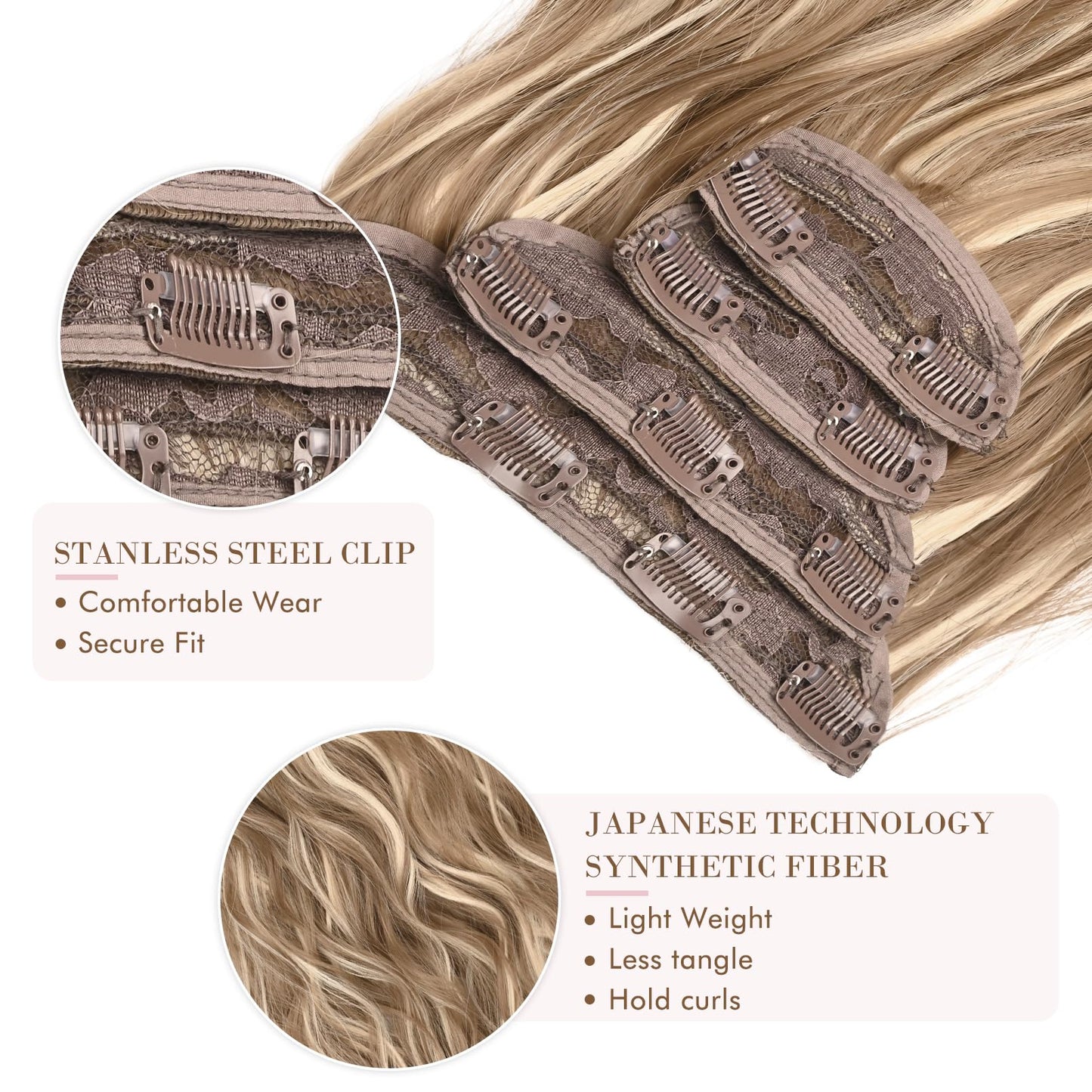 REECHO Hair Extensions, 4PCS Clip in Hair Extensions HE001 Natural Soft Synthetic Hairpieces for Women (20 Inch-200 Gram (Pack of 4), Dark Blonde with Light Blonde Highlights)