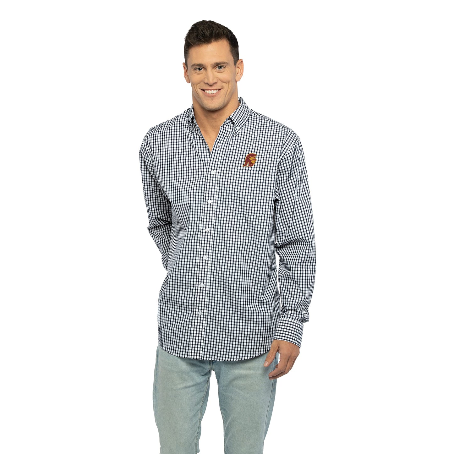Vantage Apparel Men's Collegiate Easy-Care Long Sleeve Gingham Check Button Down Shirt, USC Trojans, Black, X-Large