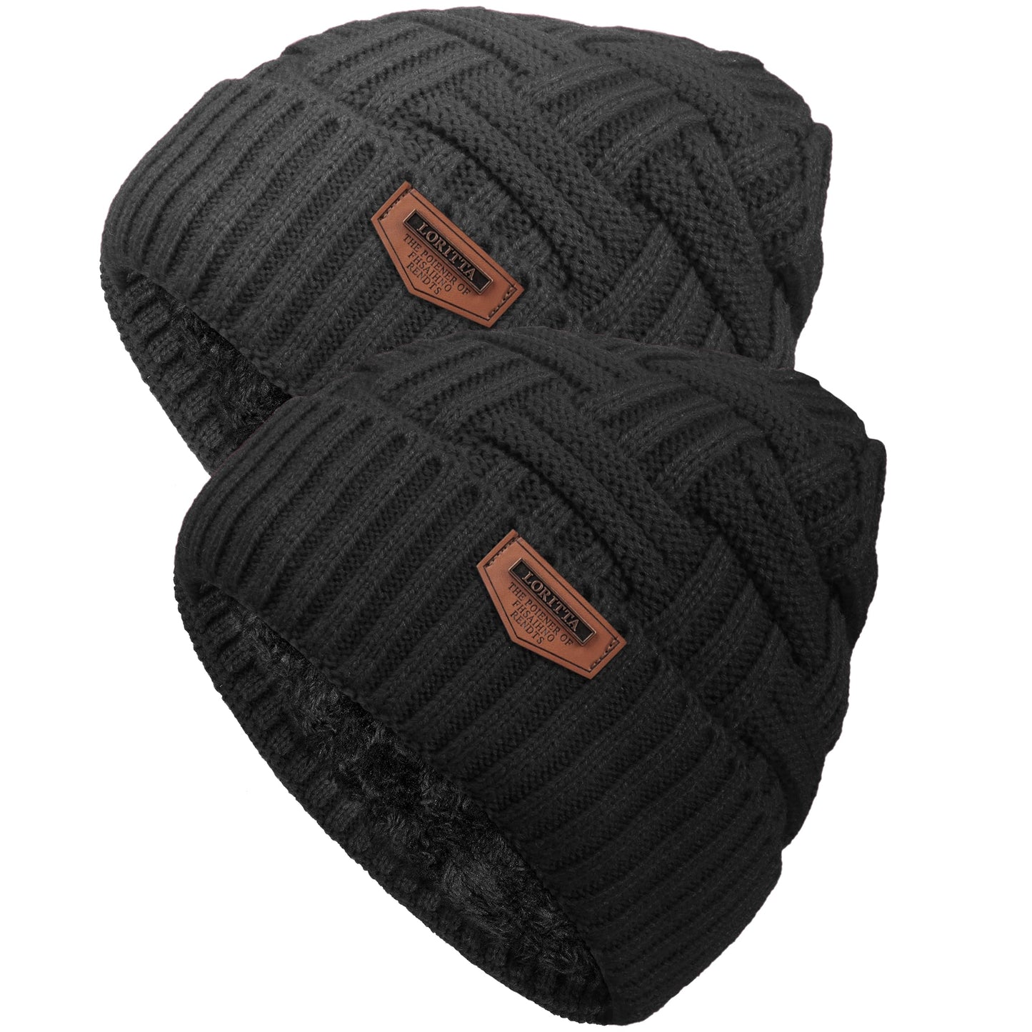 Loritta Winter Hat Warm Knitted Thick Baggy Slouchy Beanie Skull Cap for Men, C- Black+Gray with Weave, 2 Pack