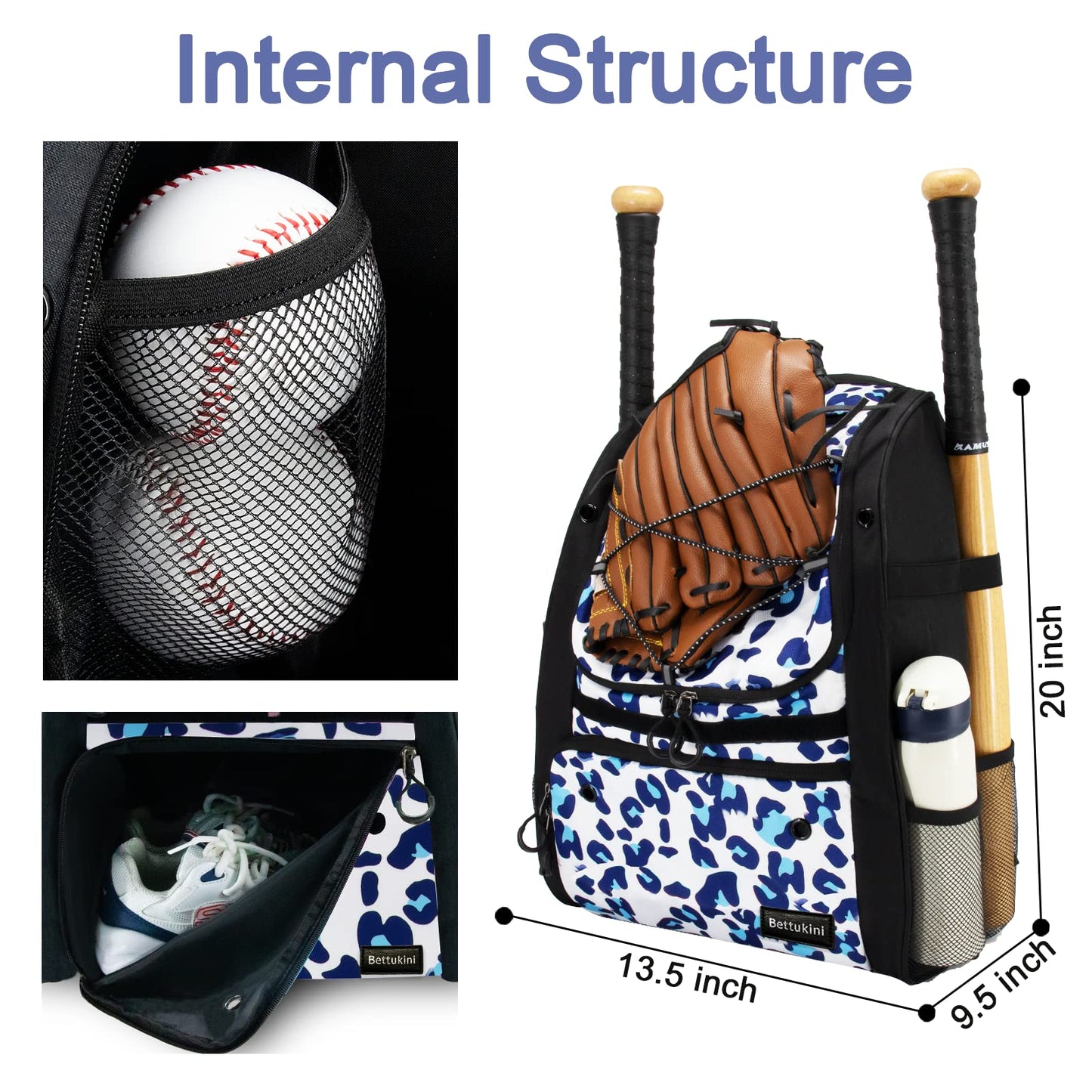 Youth Baseball Bag, Bat Backpack for Baseball, T-Ball Softball Equipment Gear, Helmet, Batting Glove, Batting Mitten, Shoes Compartment Large Capacity Baseball Bags with Fence Hook Holds 4 Bats Blue