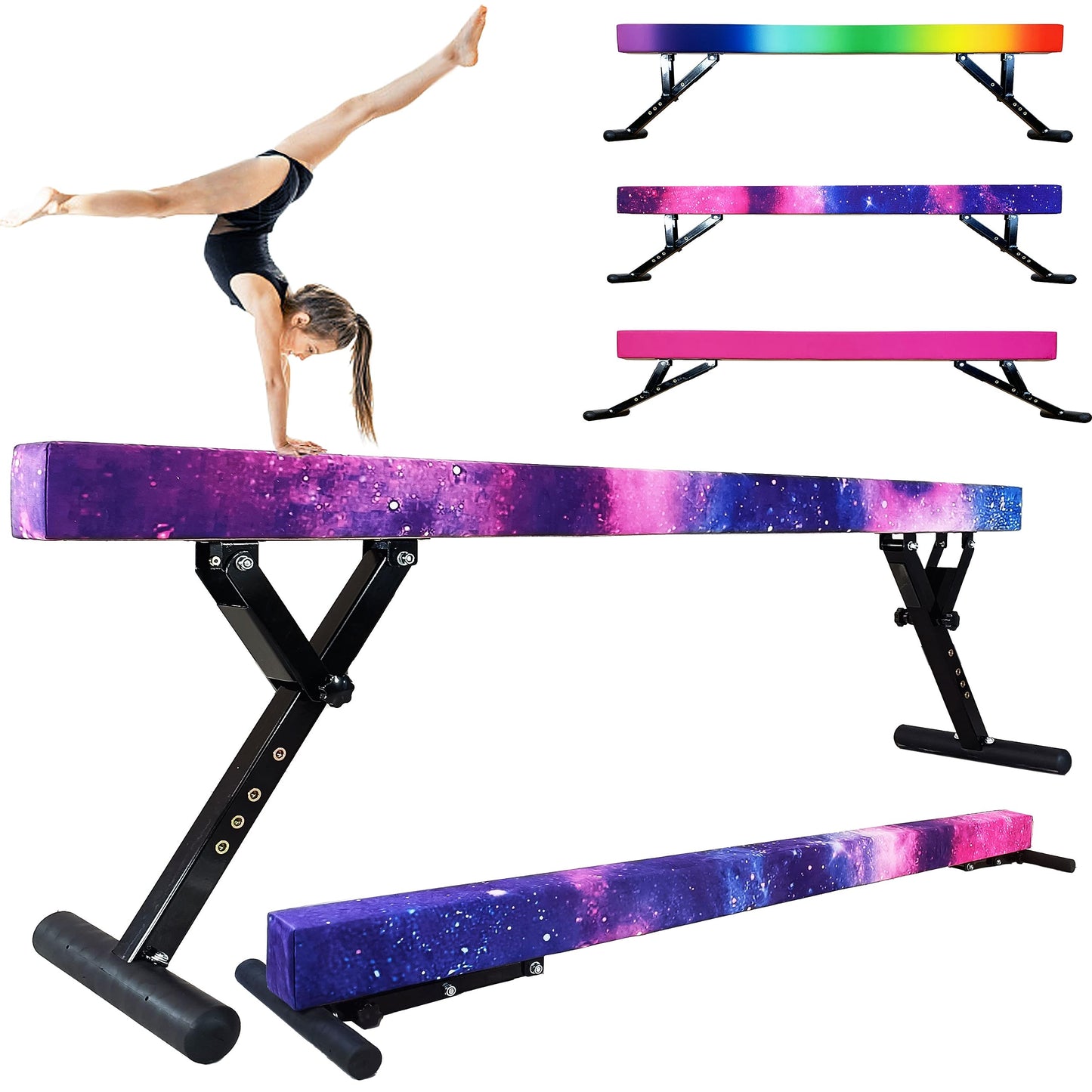 Seliyoo Adjustable Balance Beam Gymnastics Beam high and Low Floor Beam for Kids Home Training,Competition Gymnastic Equipment for All Skills with Weight Limit 500 LBS (Sparking Stars, 7"-29")
