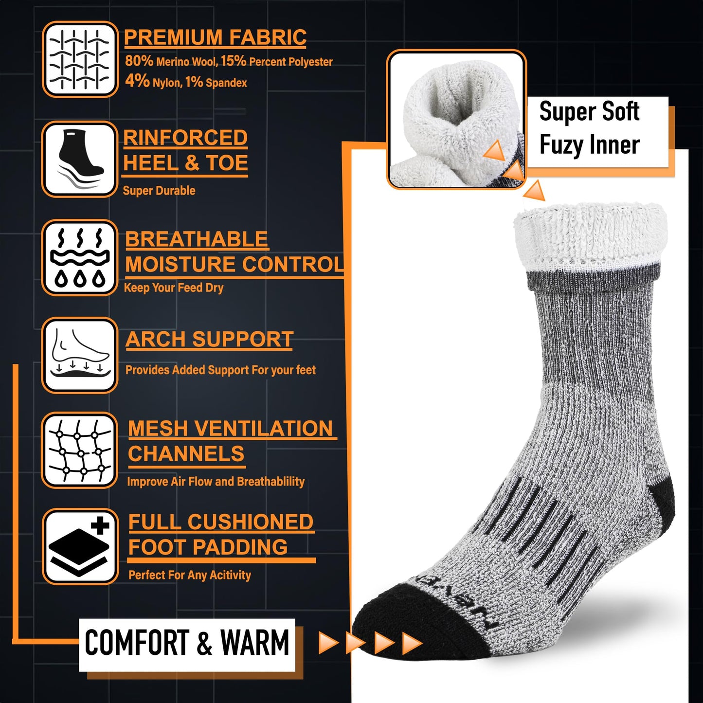 NevEND 3 Pairs Men's Winter Thermal Boot Thick Insulated Heated Wool Socks For Cold Weather Outdoor Activities Strip