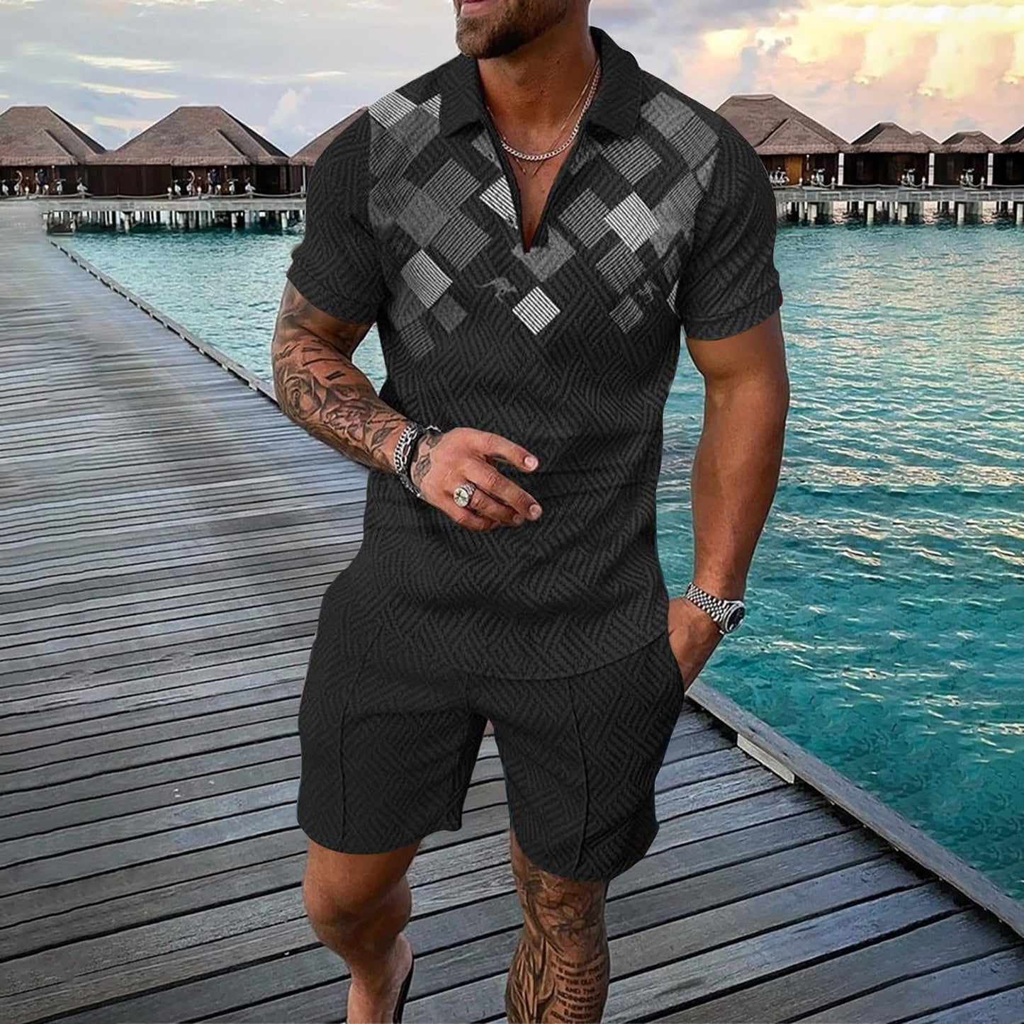 Generic Mens Hawaiian 2 Piece Outfits Summer Beach Tracksuit Casual Matching Polo Shirt Short Sleeve and Shorts Sets, X-Large, #D09-black