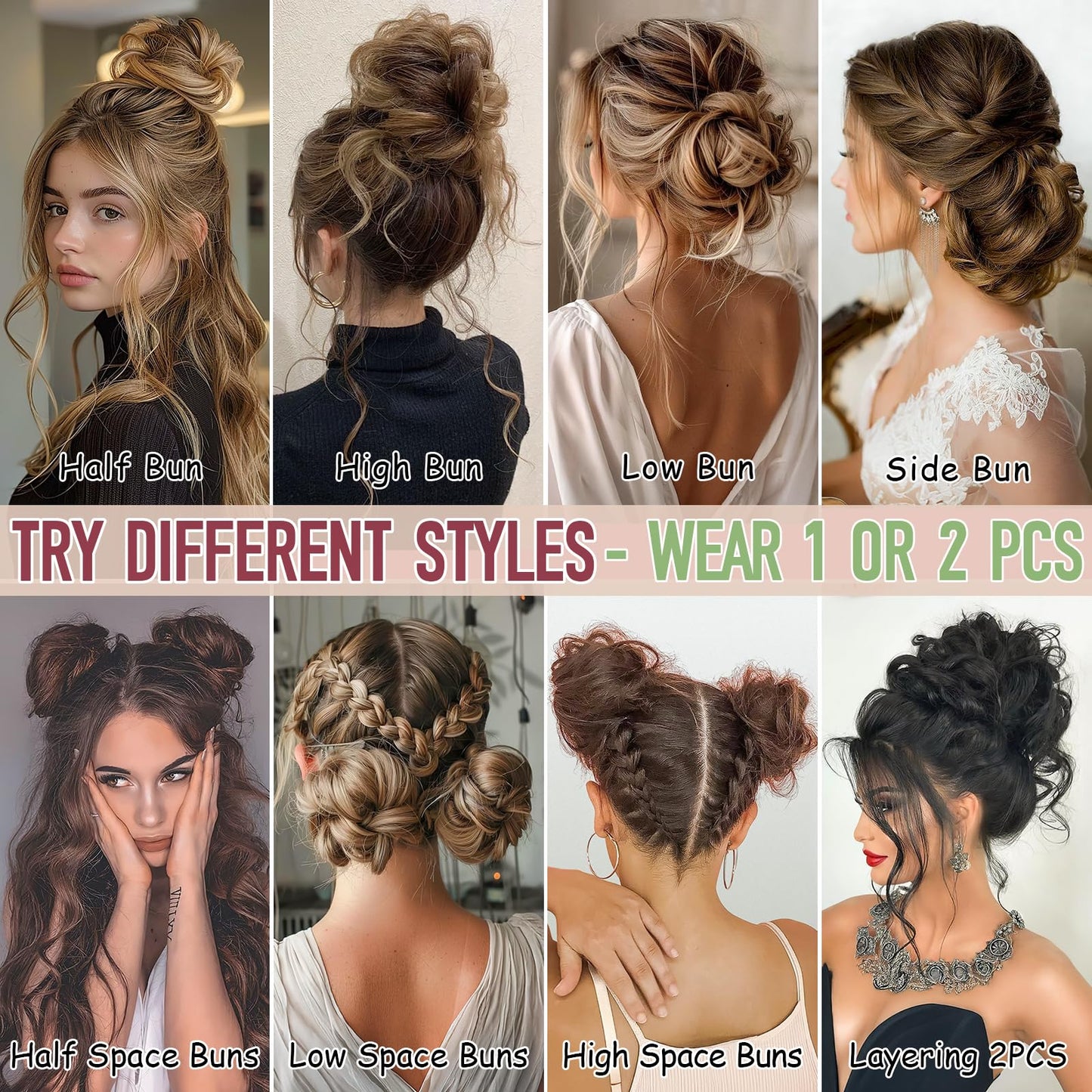 FeidyLong 2 PCS Messy Bun Hair Piece Wavy Curly Scrunchies Synthetic Chignon Ponytail Hair Extensions Thick Updo Hairpieces for Women Girls(Brown Mix Bleach Blonde)