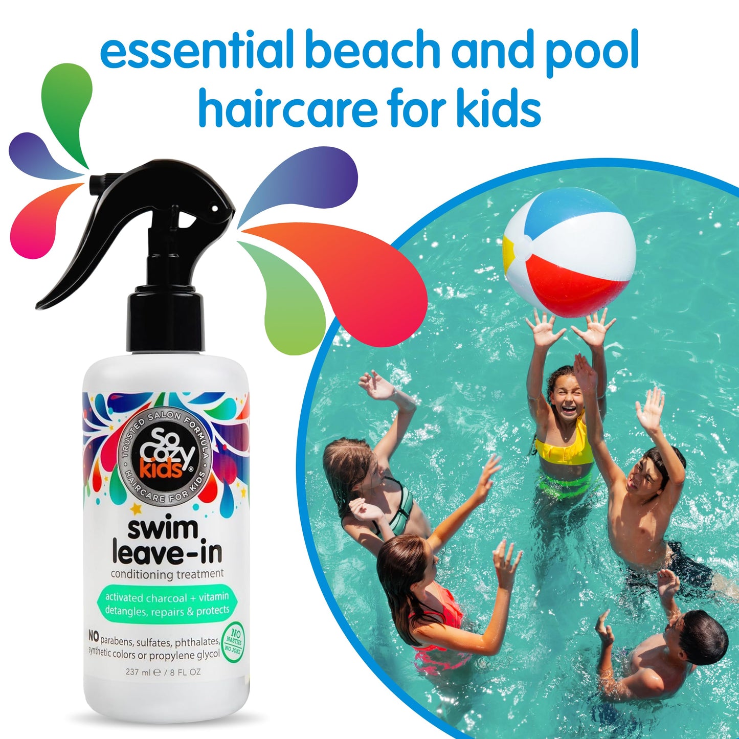 SoCozy Swim 2-in-1 Leave In Conditioner Spray & Treatment for Kids Hair (8 Fl Oz, Pack Of 2) Protects & Repairs Pool, Sun & Salt Damaged Hair, Activated Charcoal, Vitamin B5 & Sunflower Seed Extract