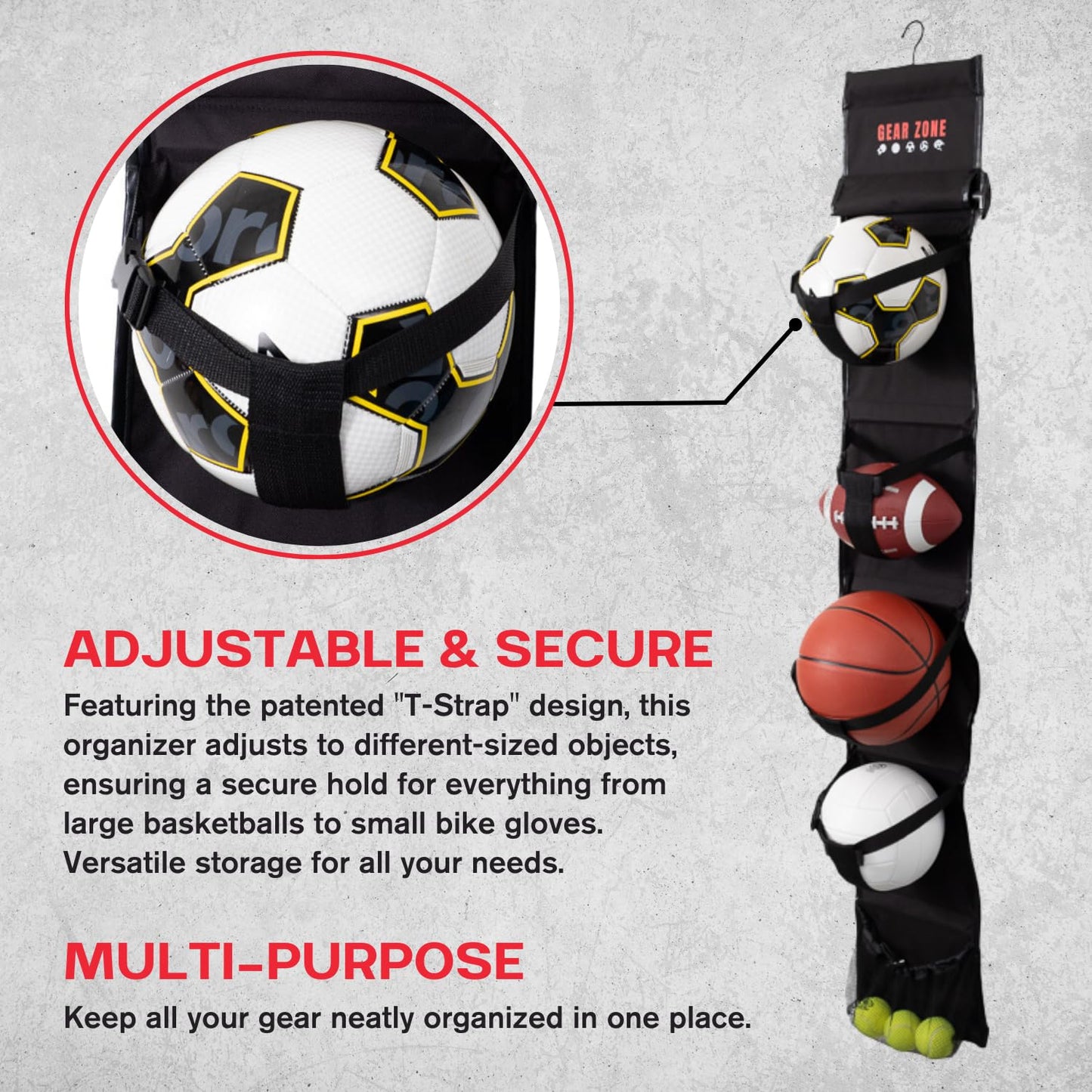 Gear Zone Hanging Sports Equipment Organizer | Multi-Purpose | Garage Sports Ball Storage | Storage for Basketball Football Volleyball Tennis Soccer Biking | Toy Storage | Includes Hook