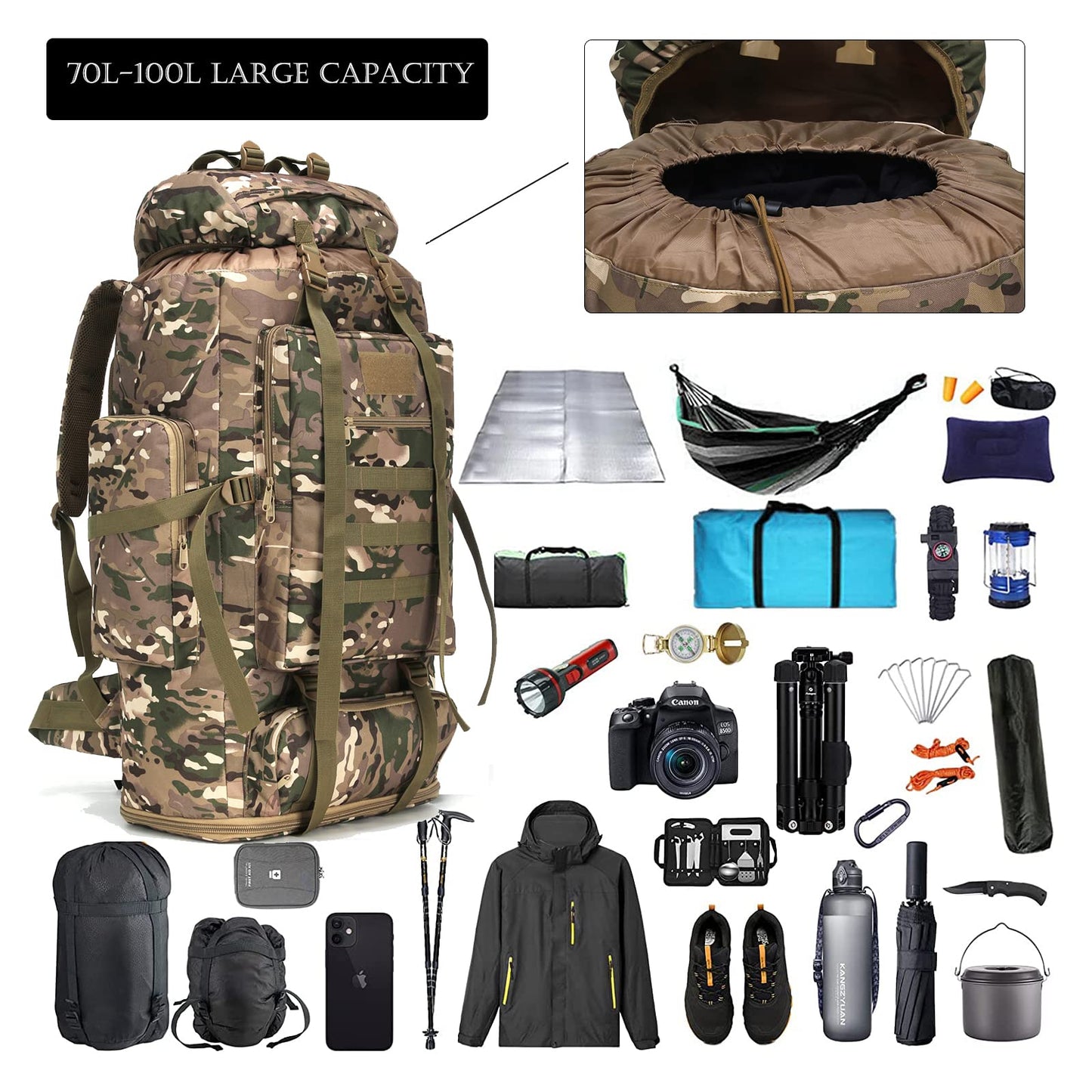 W WINTMING Hiking Backpack for Men 70L/100L Camping Backpack Military Rucksack Molle 3 Days Assault Pack for Climbing