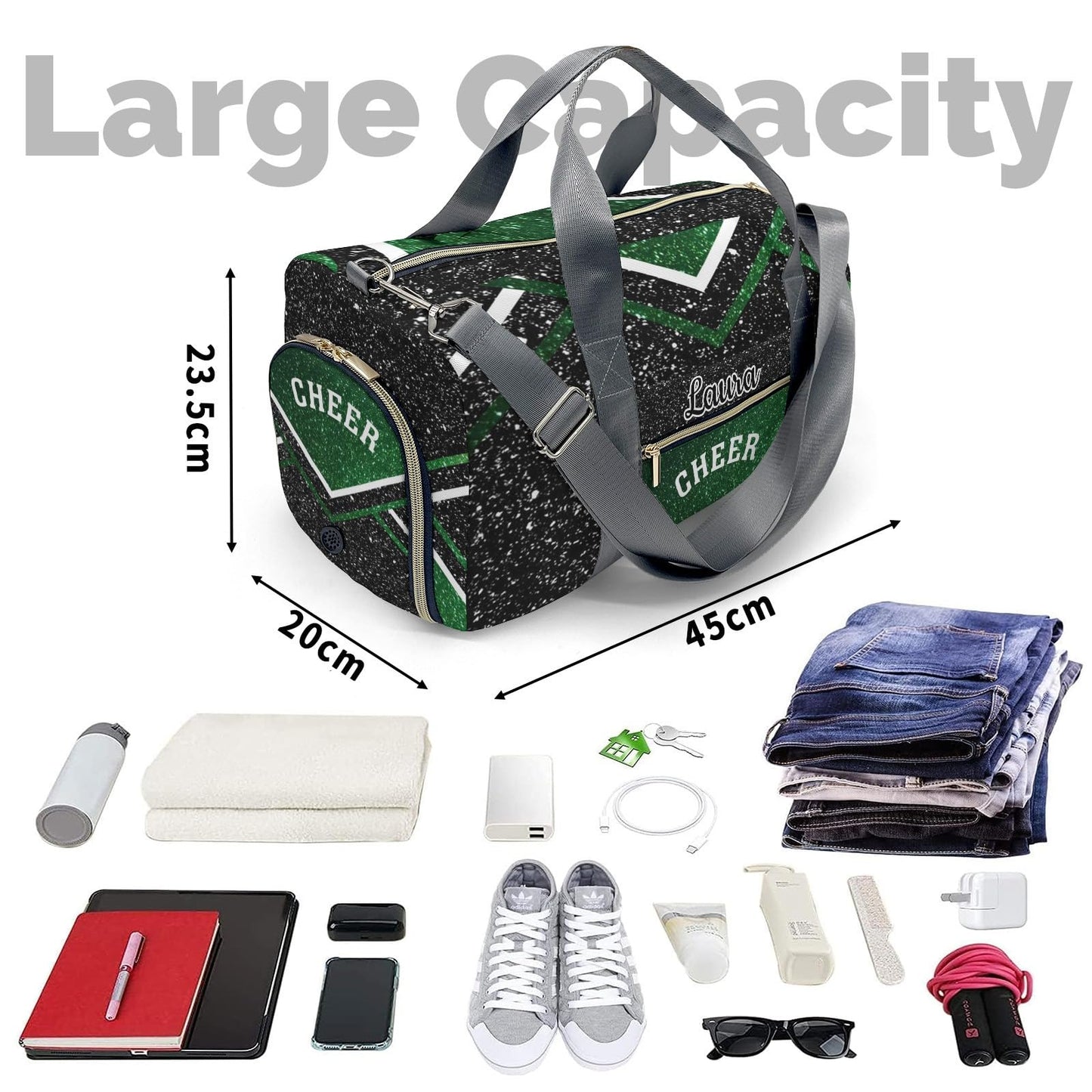 Ronxzas Cheer Cheerleader Sports Duffel Bag Travel Duffle Gym Bags Weekender Bag with Shoe Compartments (Dark Green)