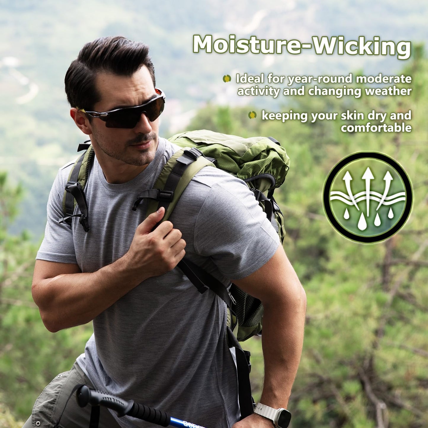 Merino Protect 100% Merino Wool T Shirts for Men Odor Resistance Base Layer Lightweight Hiking T-Shirt