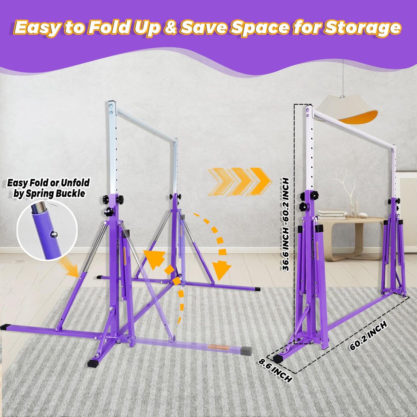 FC FUNCHEER Foldable Gymnastics Bar,5FT Horizontal bar,Adjustable Kids Training bar for Kids Ages 3-15,Kids Gymnastics bar,Triangle Stable Structure-Gym Equipment for Home