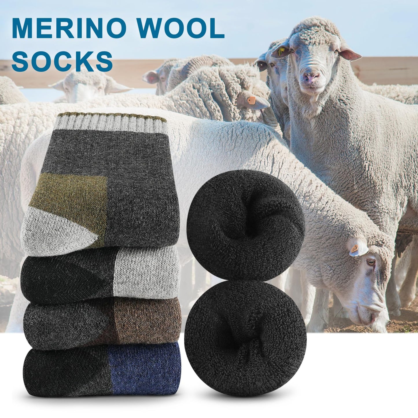 UUMIAER Merino Wool Socks for Men Hiking Thermal Warm Winter Crew Socks Thick Cushion Moisture Wicking Socks 5 Pairs