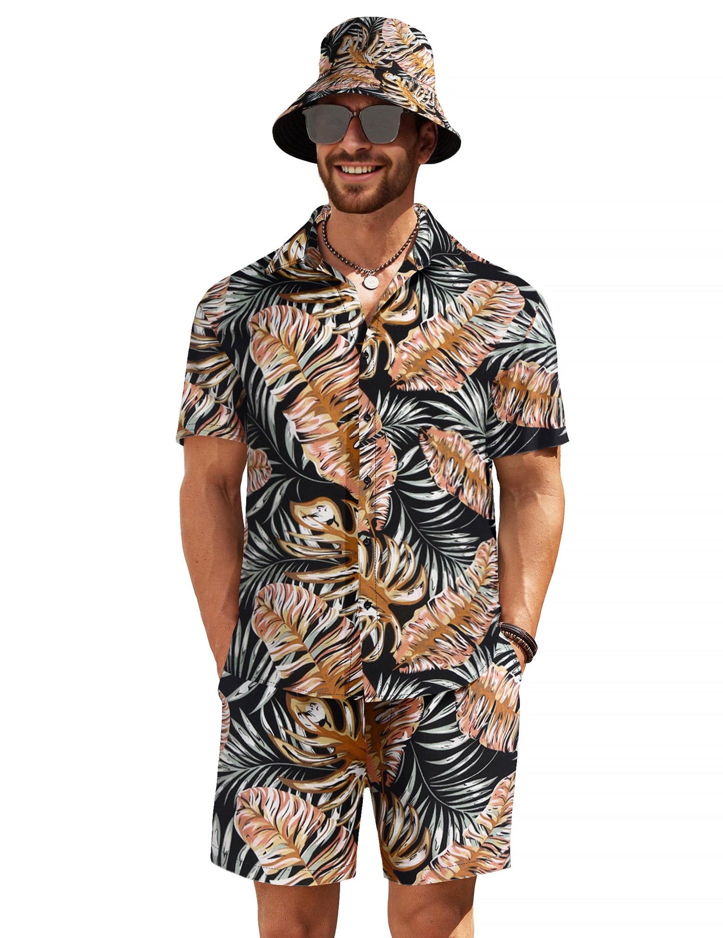 COOFANDY Men's Flower Print Button Down Beach Suit Hawaiian Shirts and Shorts with Hat