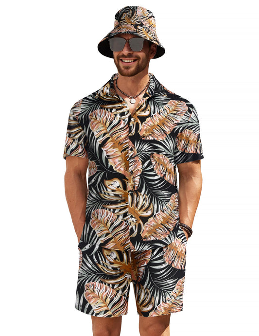 COOFANDY Men's Flower Print Button Down Beach Suit Hawaiian Shirts and Shorts with Hat