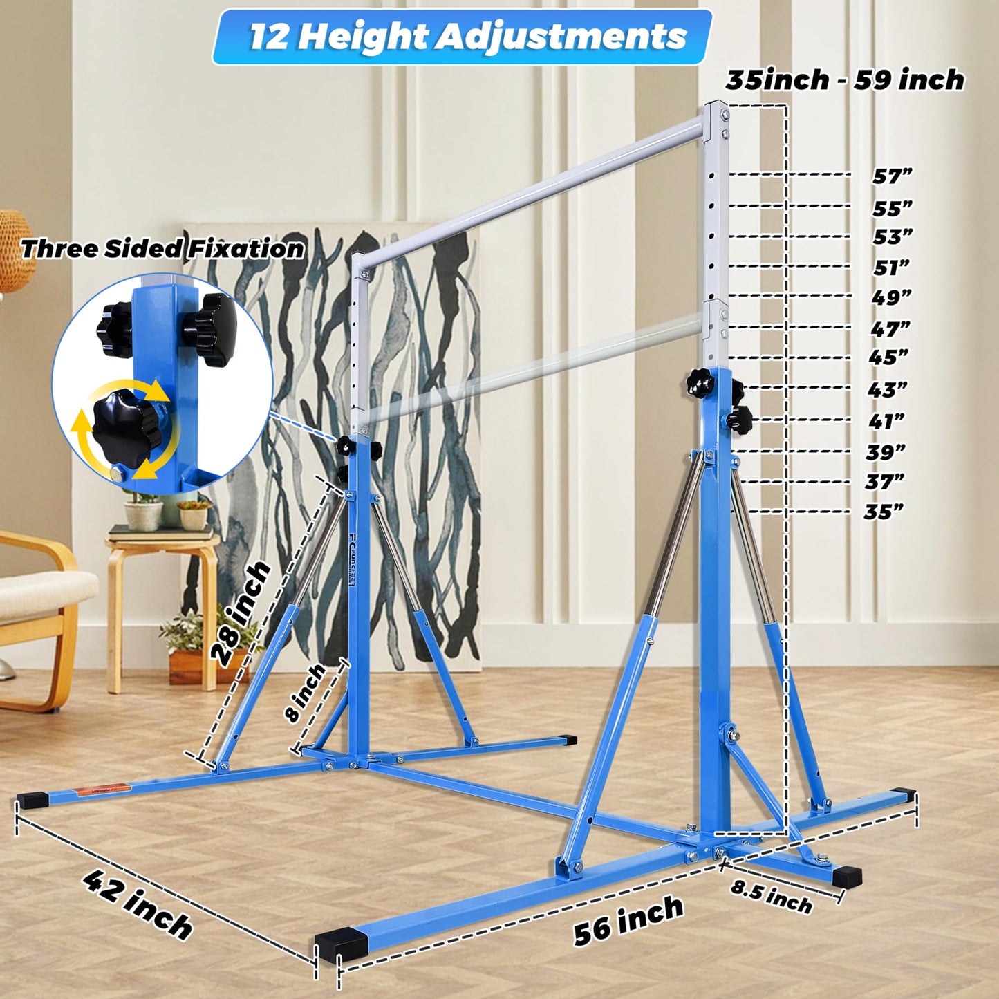 FC FUNCHEER Foldable Gymnastics Bar,5FT Horizontal bar,Adjustable Kids Training bar for Kids Ages 3-15,Kids Gymnastics bar,Triangle Stable Structure-Gym Equipment for Home