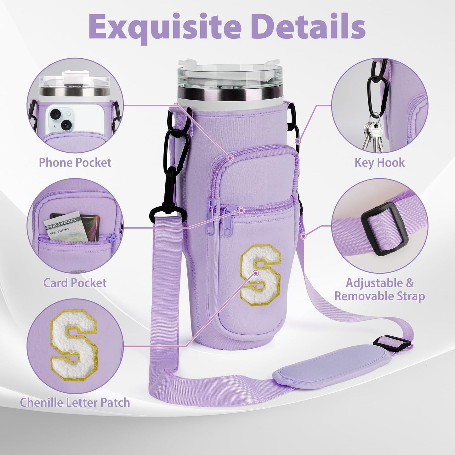 Aganmi Mom Birthday Gifts Initial Water Bottle Carrier Bag with Phone Pocket for Stanley Cup 40 Oz Accessories Water Bottle Holder with Strap Mothers Day Thank You Gift for Women Mom Grandma Purple S