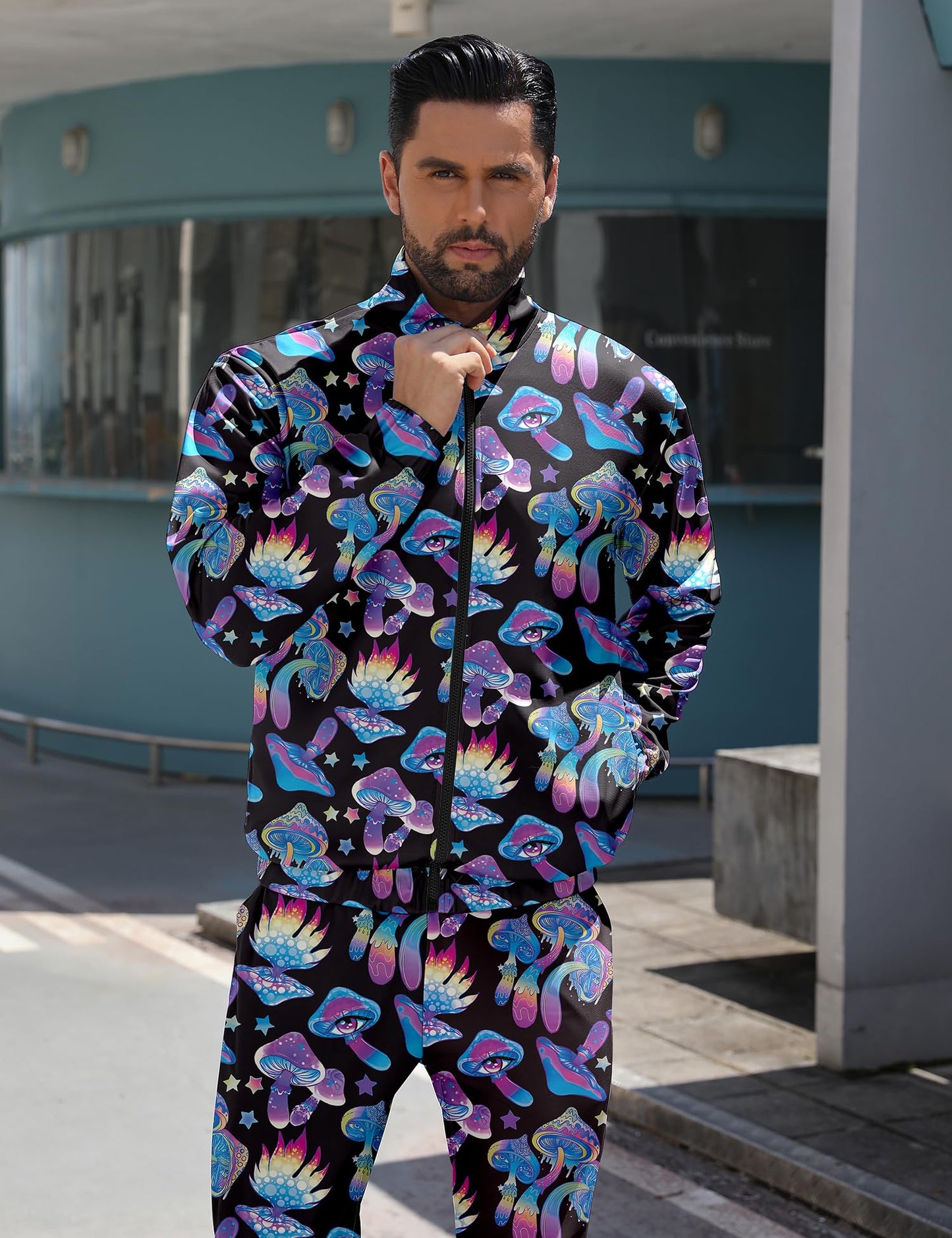 LecGee Men's 80s 90s Outfits Long Sleeve Full Zip Jacket Jogger Sweatsuit for Men 2 Piece Rave Outfits(BM,XXL)