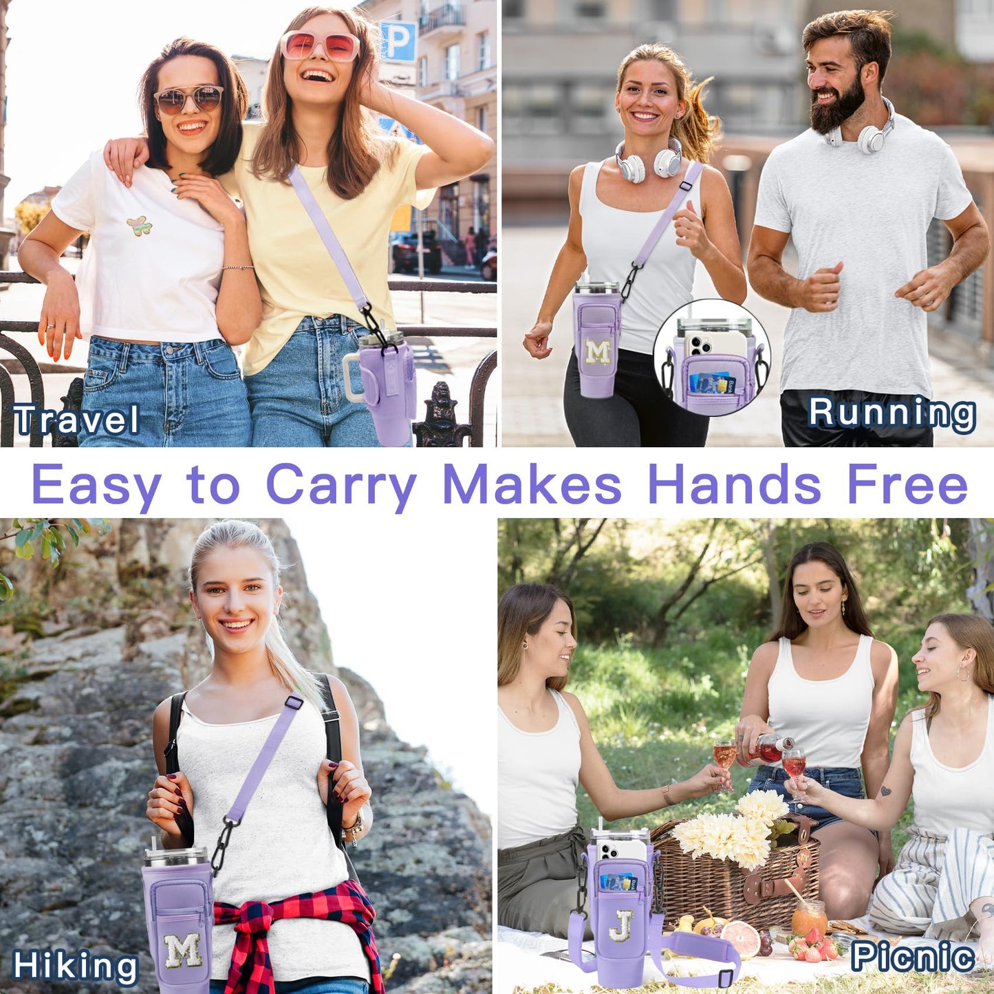 Aganmi Mom Birthday Gifts Initial Water Bottle Carrier Bag with Phone Pocket for Stanley Cup 40 Oz Accessories Water Bottle Holder with Strap Mothers Day Thank You Gift for Women Mom Grandma Purple S