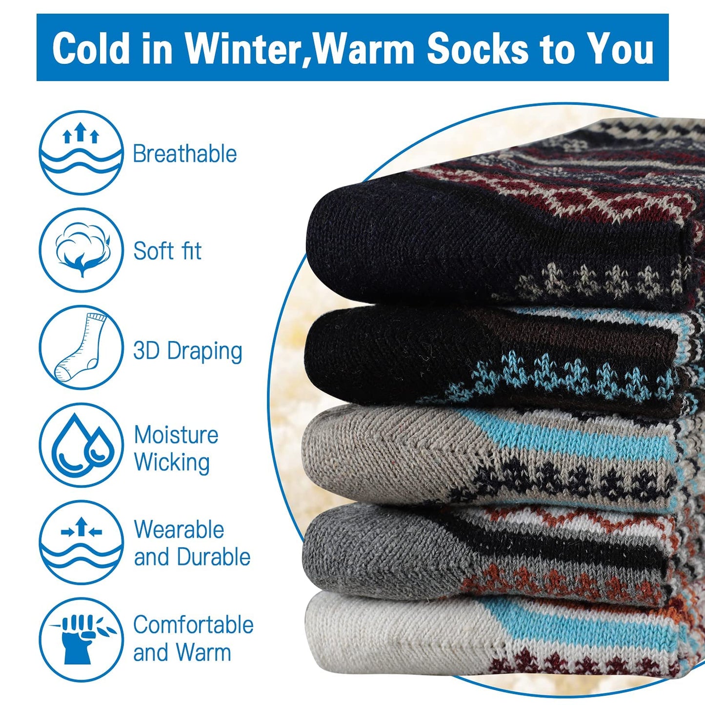 Heatuff Mens Thick Wool Socks Thermal Warm Winter Crew Socks 5 Pairs Multicolors