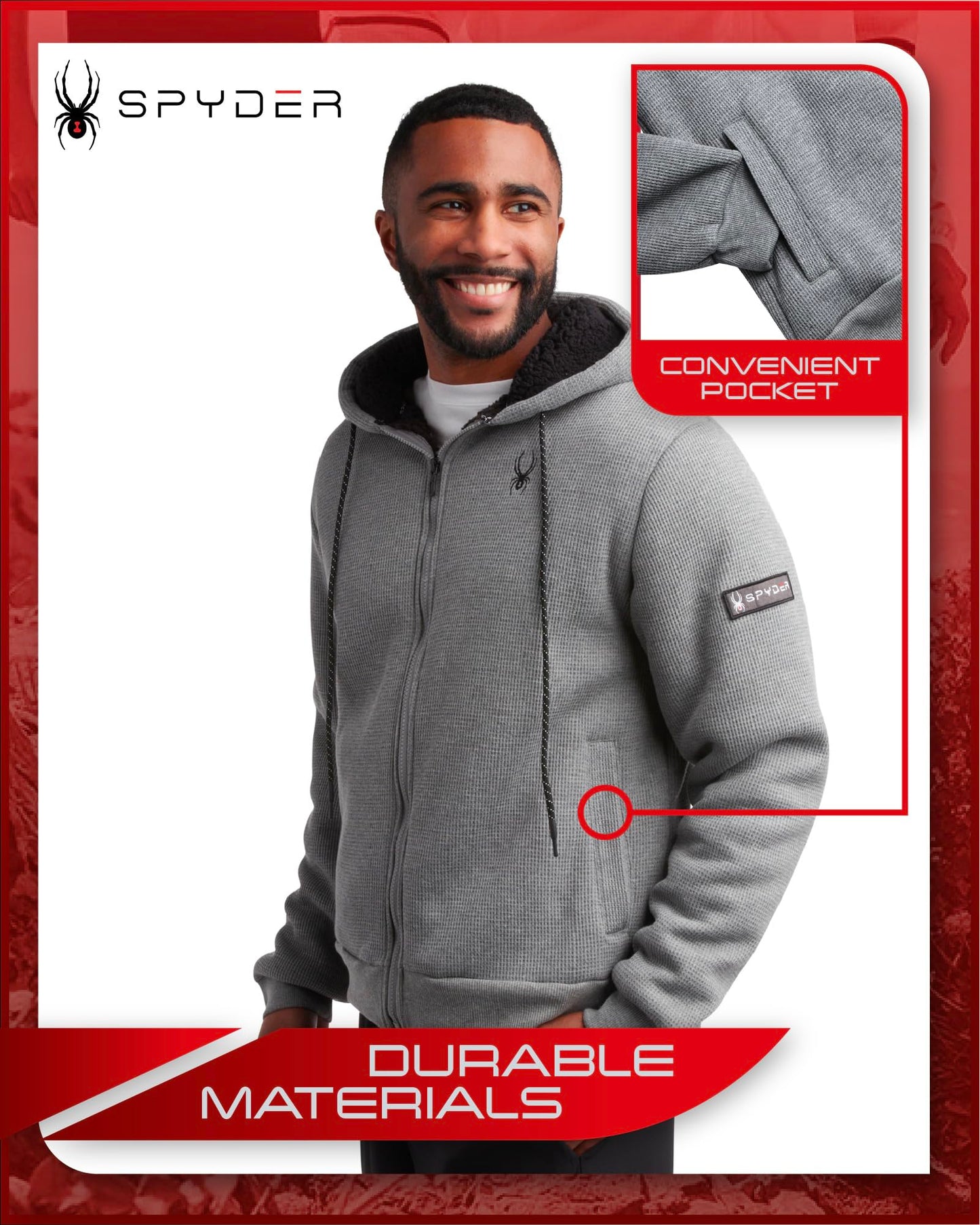 Spyder Men's Hoodie - Full Zip Up Cozy Sherpa Lined Waffle Knit Hoodie - Lightweight Comfort Hoodie Jackets for Men (S-XXL), Size XX-Large, Grey Heather