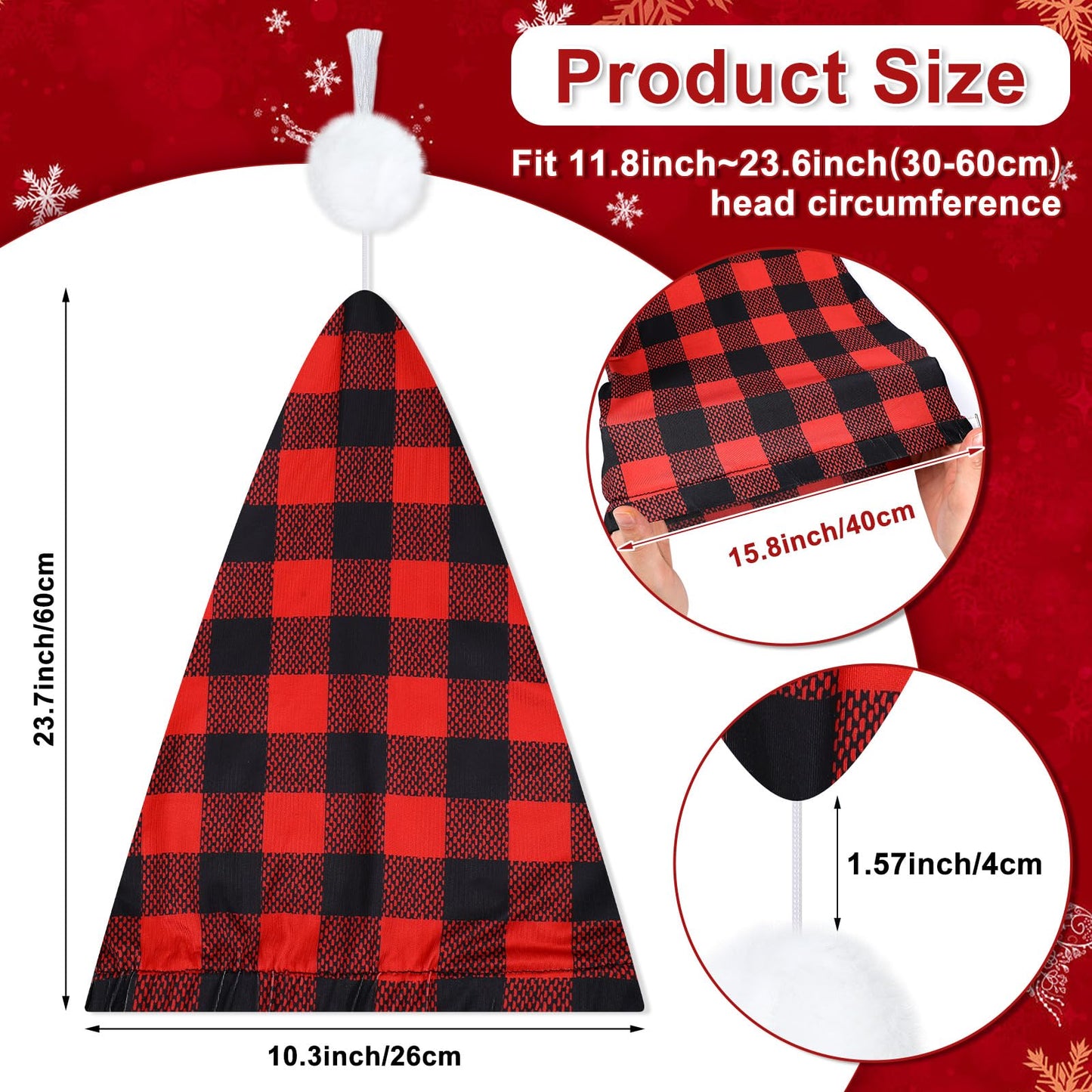 Janmercy 2 Pcs Sleeping Cap for Men Adjustable Sleep Cap Men Buffalo Plaid Night Hat with Ball Tassel for Winter Christmas(Black, White, Red)