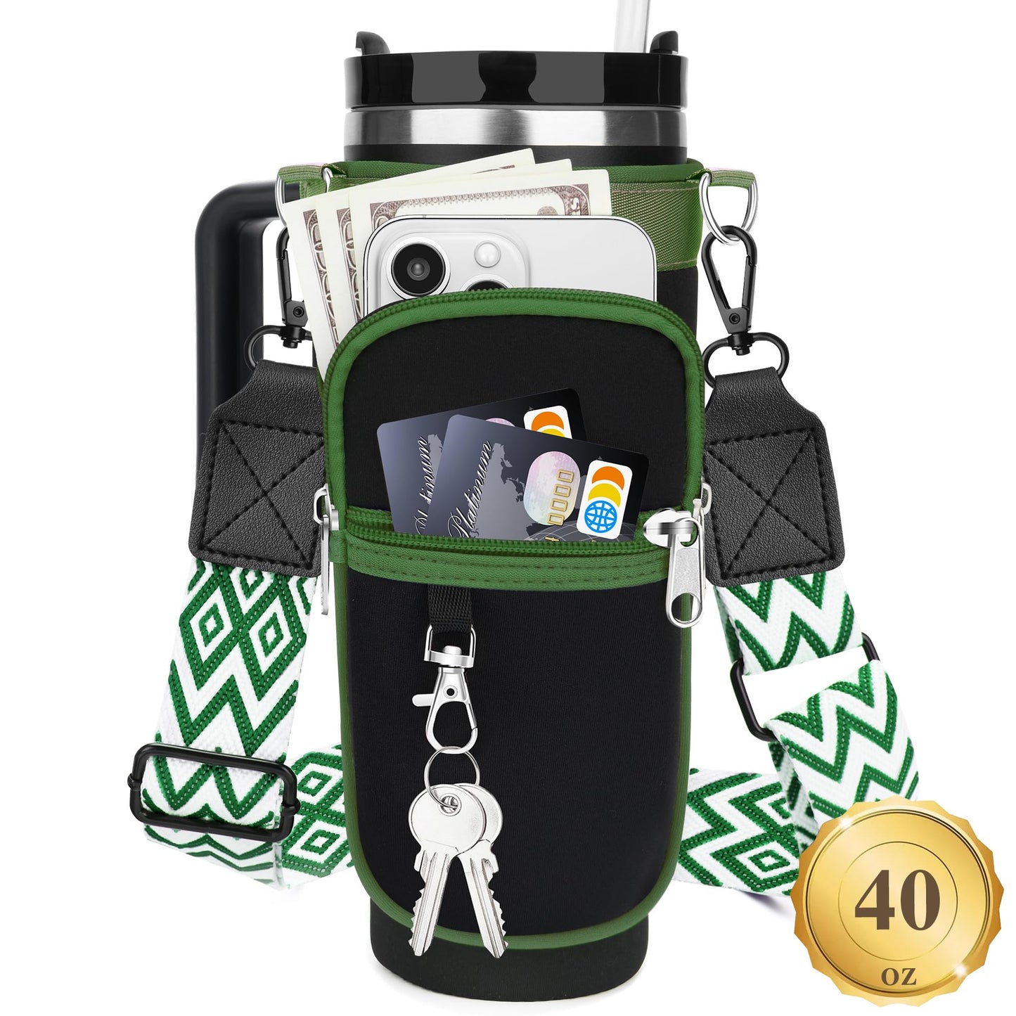 Water Bottle Carrier Bag with Canvas Shoulder Strap for Stanley 40 oz Tumbler with Handle, Water Bottle Holder Pouch with 6.7'' Phone Pocket for Stanley Cup Accessories, for Men