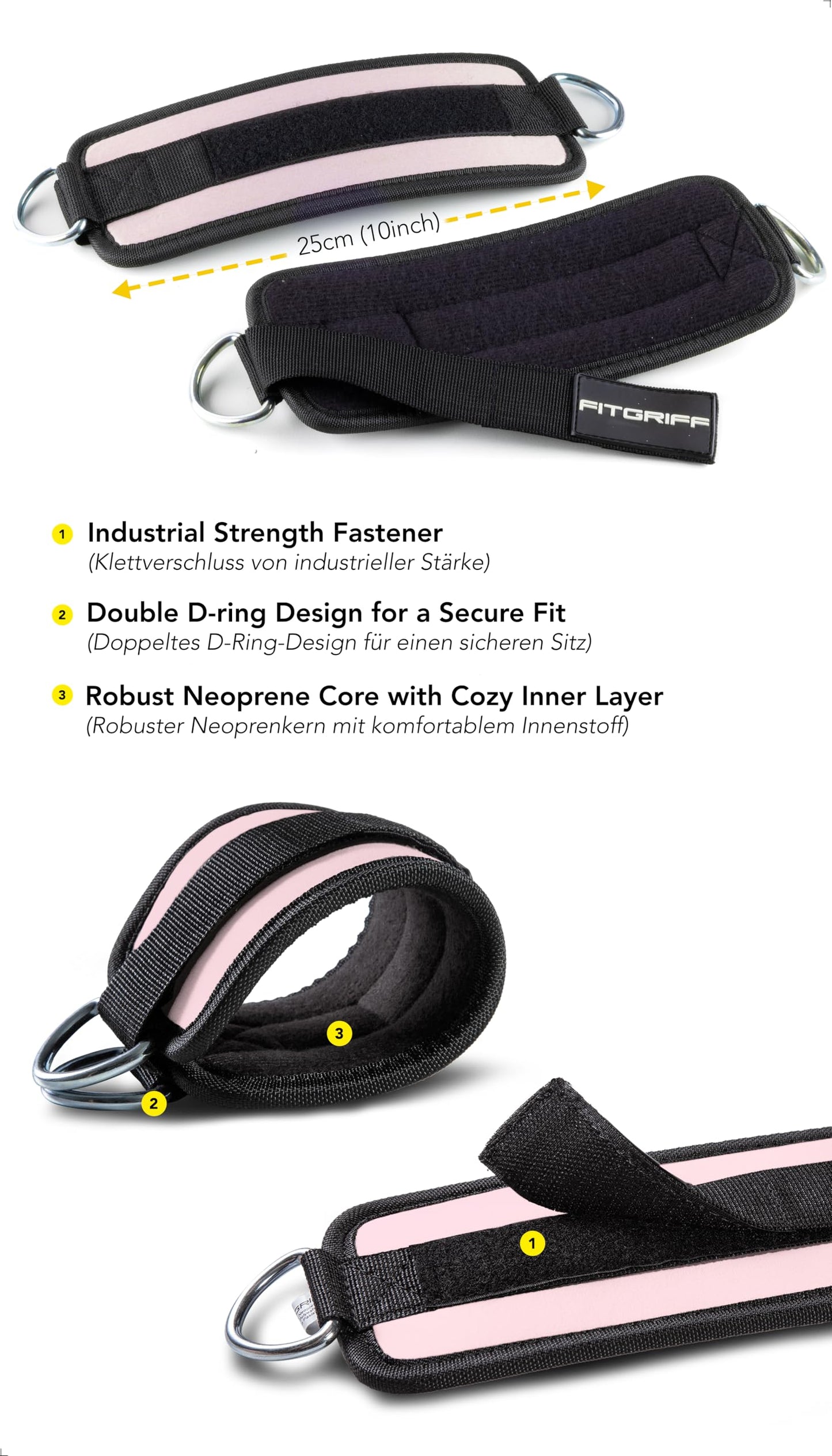 Fitgriff® Ankle Straps V1 for Cable Machine (2 Pieces) - Gym Workout Equipment - Leg Pulley Attachment, Kickback Straps (Blush Pink)