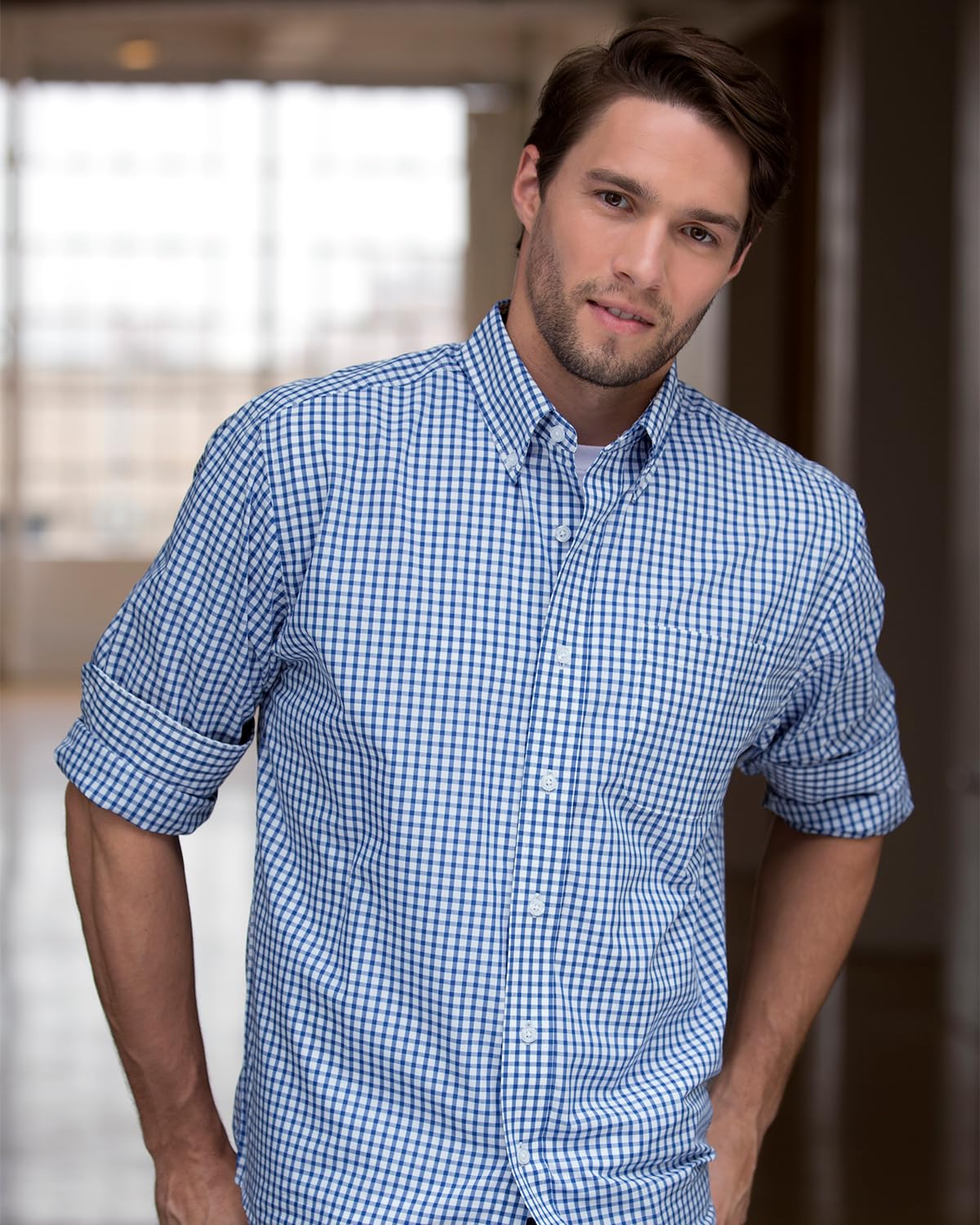 Vantage Apparel Men's Collegiate Easy-Care Long Sleeve Gingham Check Button Down Shirt, Boise State Broncos, Royal, XX-Large