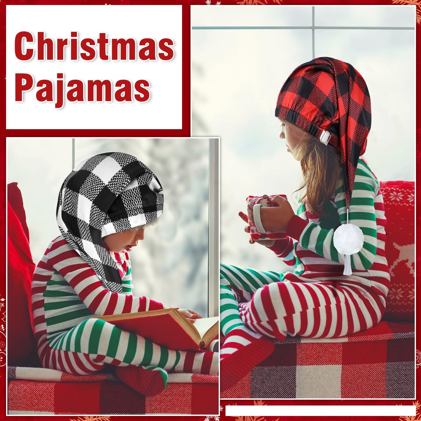 Janmercy 2 Pcs Sleeping Cap for Men Adjustable Sleep Cap Men Buffalo Plaid Night Hat with Ball Tassel for Winter Christmas(Black, White, Red)
