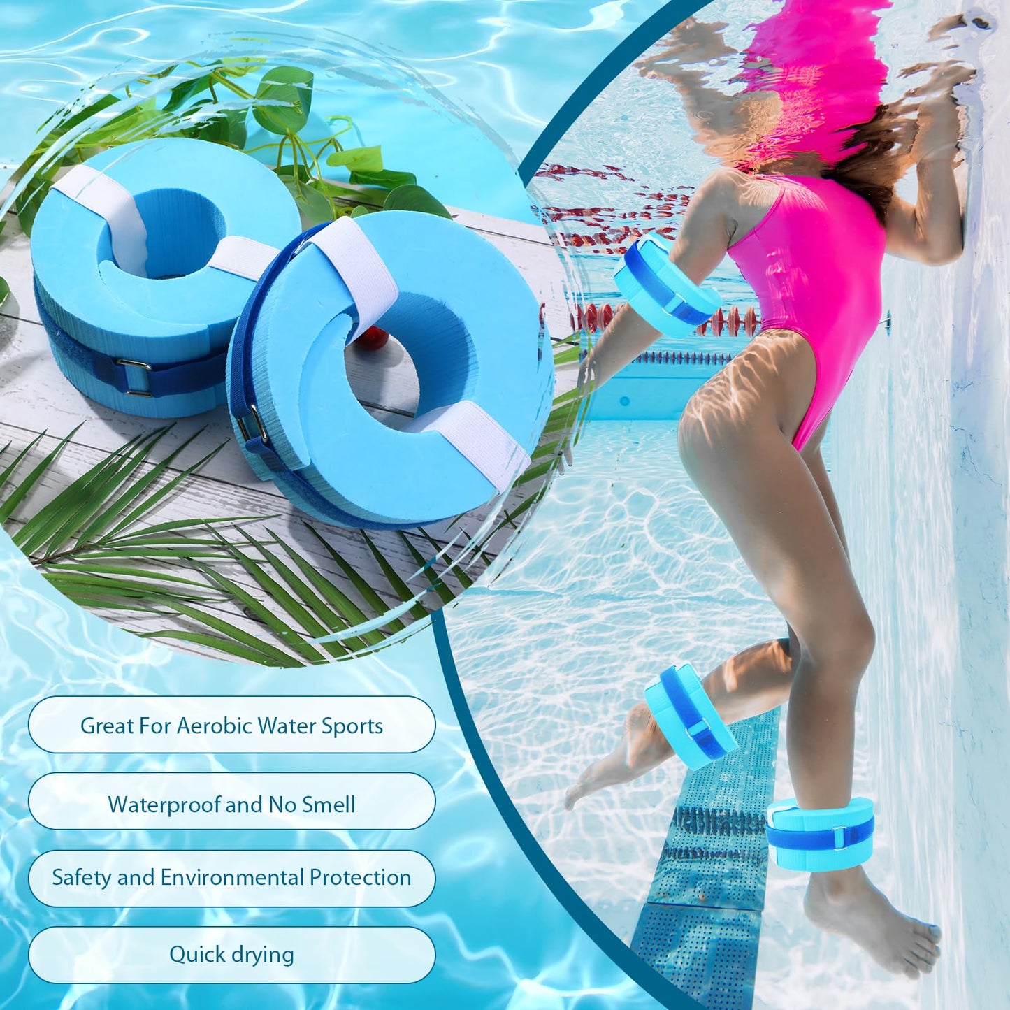 RoundFunny 2 Pcs Foam Swim Aquatic Cuffs Equipment Water Aerobics Float Ring with Detachable Hook and Loop Fastener Fitness Workout Set for Swimming Fitness Training Pool Exercise (Blue)