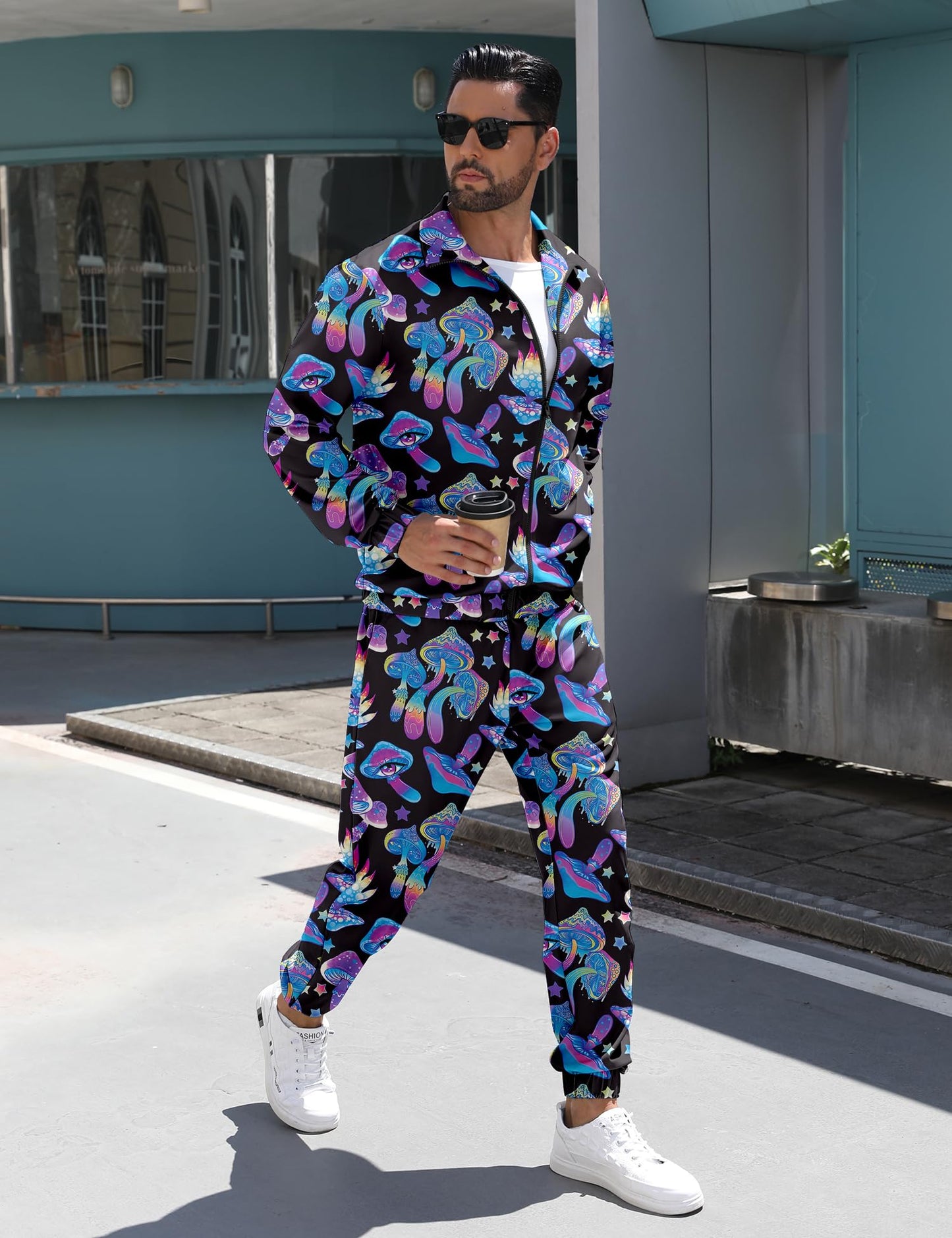 LecGee Men's 80s 90s Outfits Long Sleeve Full Zip Jacket Jogger Sweatsuit for Men 2 Piece Rave Outfits(BM,XXL)