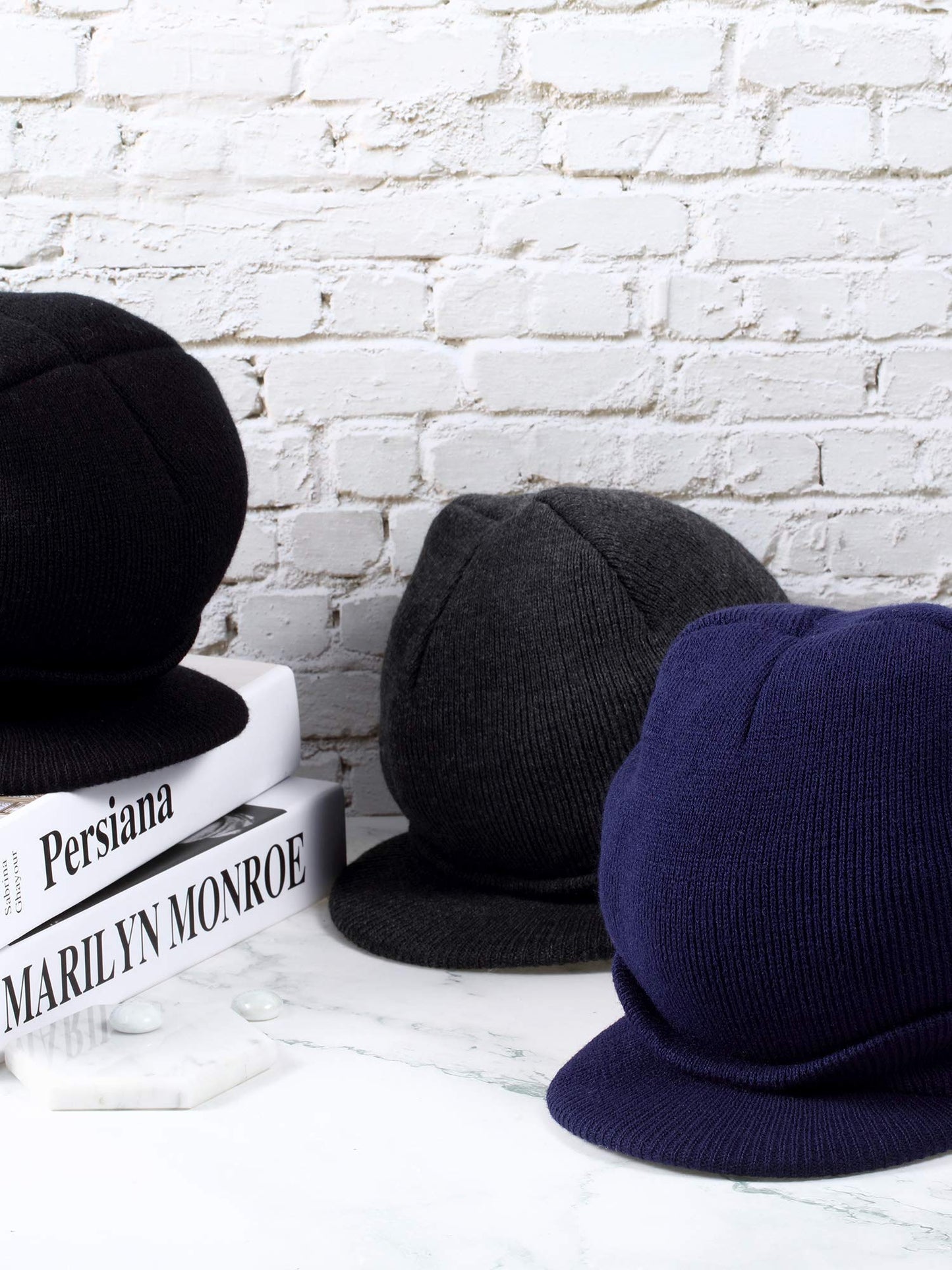 Geyoga 3 Pieces Winter Beanie Hat with Brim Knit Visor Beanie Caps Warm Double Layered Knitted Brim Hat with Visor for Men