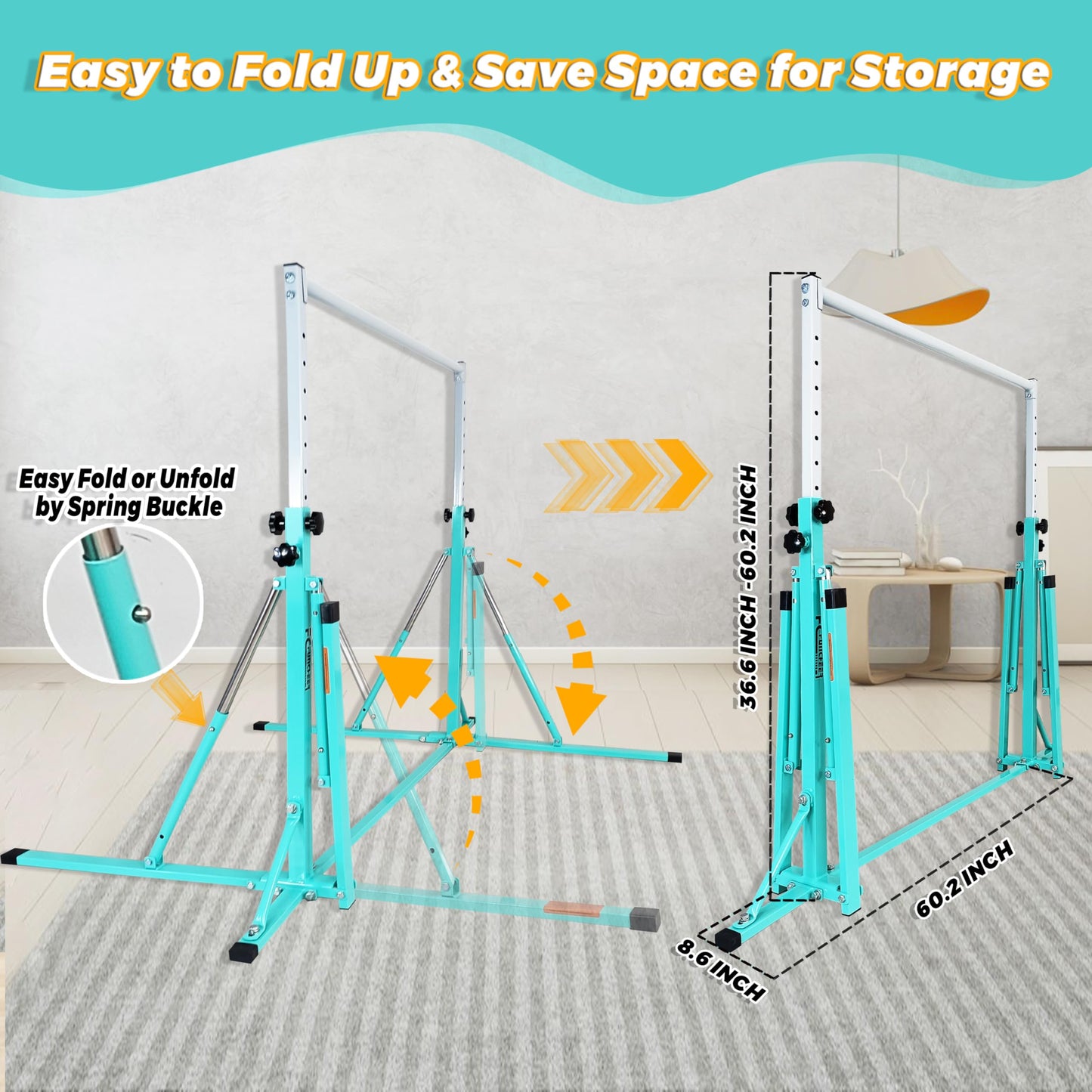 FC FUNCHEER Foldable Gymnastics Bar,5FT Horizontal bar,Adjustable Kids Training bar for Kids Ages 3-15,Kids Gymnastics bar,Triangle Stable Structure-Gym Equipment for Home