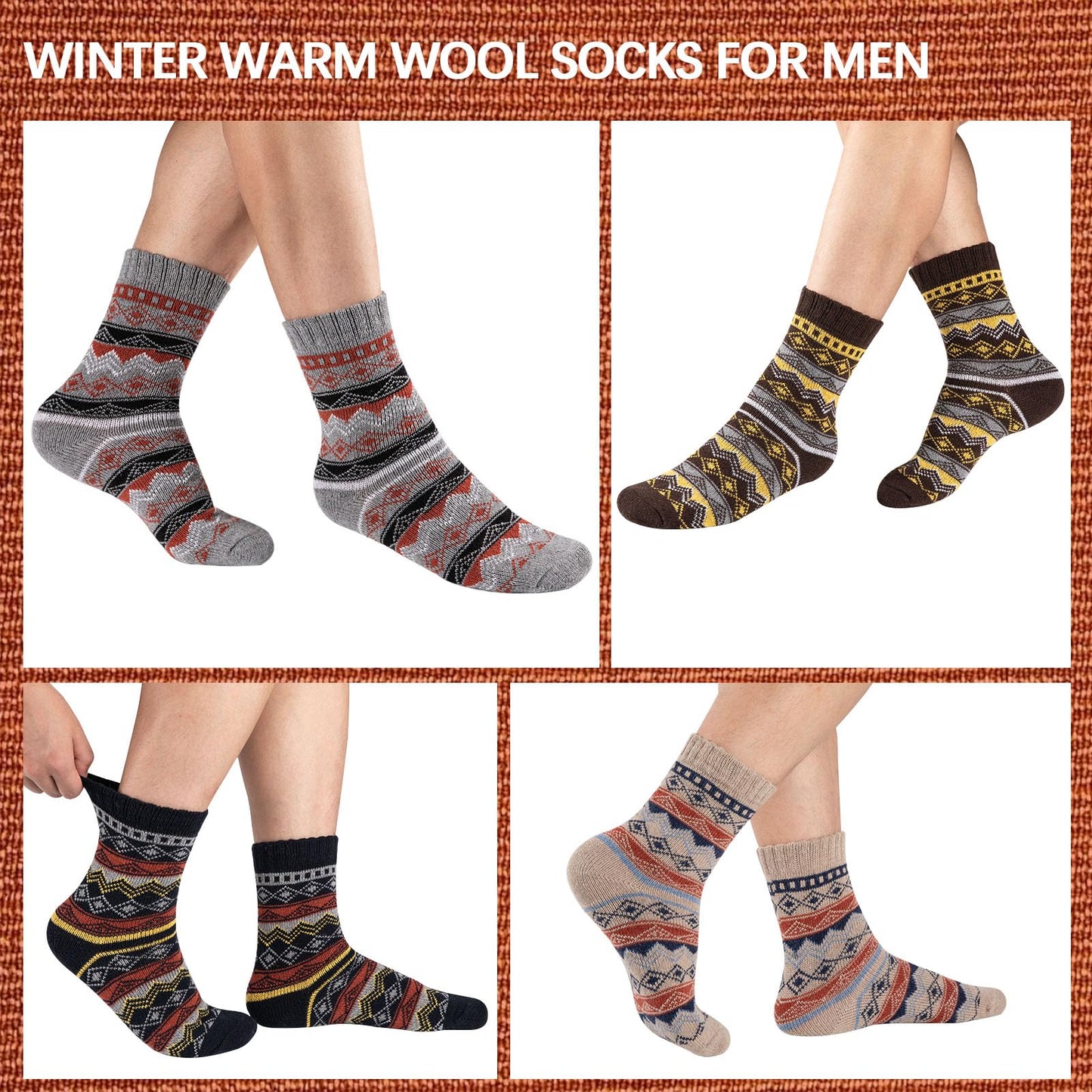 COOVAN Wool Socks Mens Warm Winter Wool Thermal Thick Pattern Cold Weather Socks for Men Cozy Crew Socks