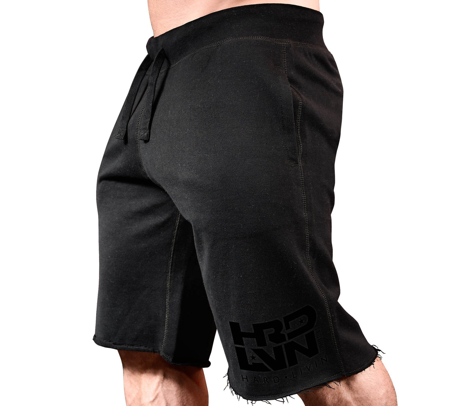Monsta Clothing Co. Men Workout (HRD-LVN HardLivin) Gym Sweat Shorts (G:BK-A:BK)