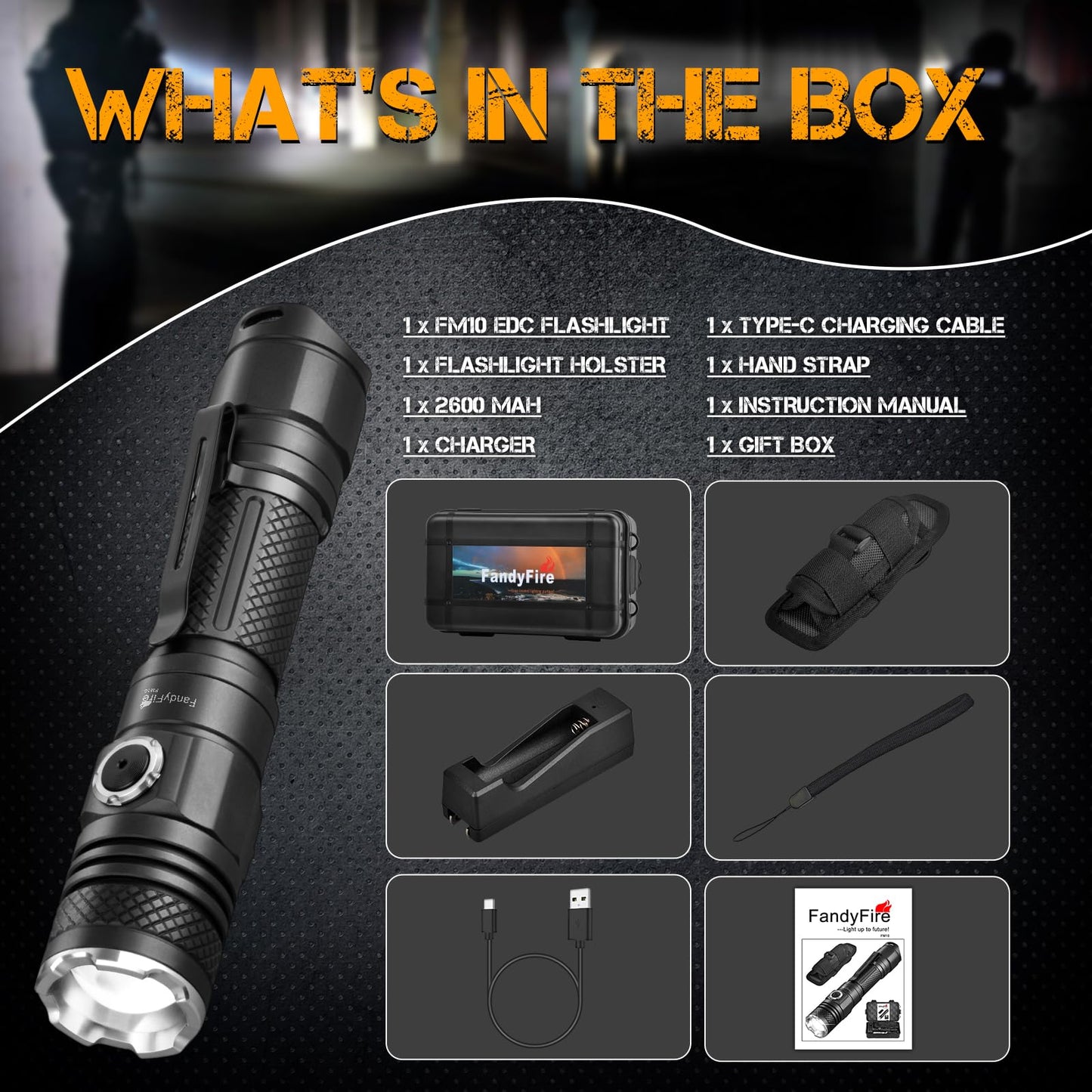 FandyFire FM10 Tactical Flashlight High Lumens with Holster,1200 Lumen Rechargeable Police EDC Flashlight with Belt Holder,Bright Zoomable LED Law Enforcement Flashlights